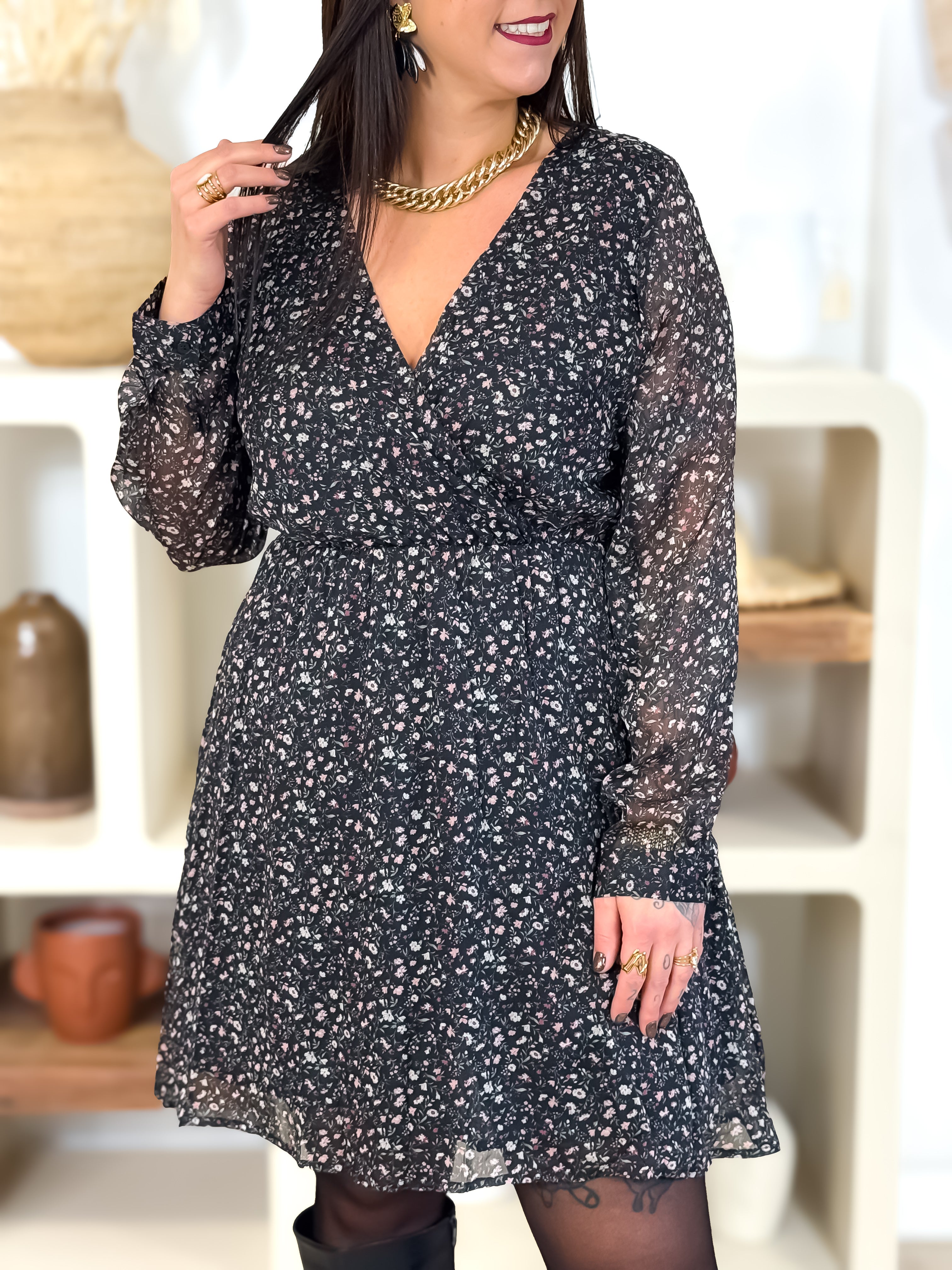 Robe courte - Emilia - Noir Fleuri