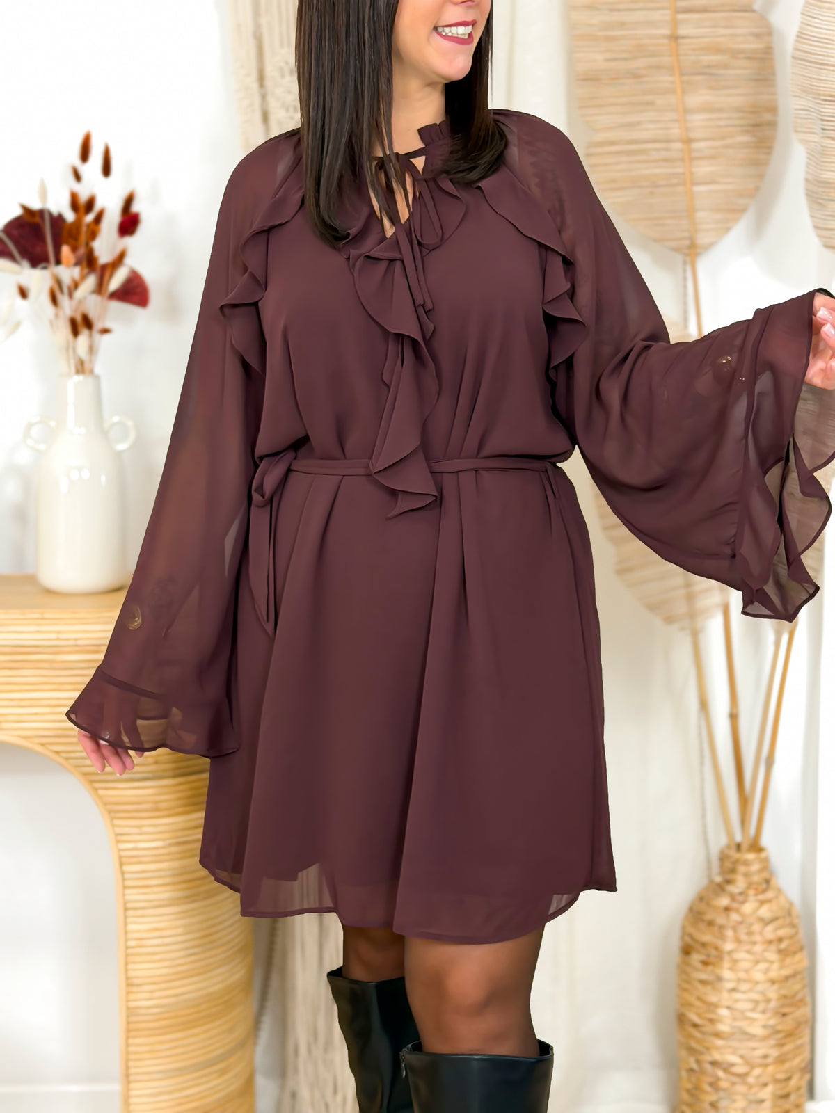 Robe courte grande taille marron fleurie – photo 1