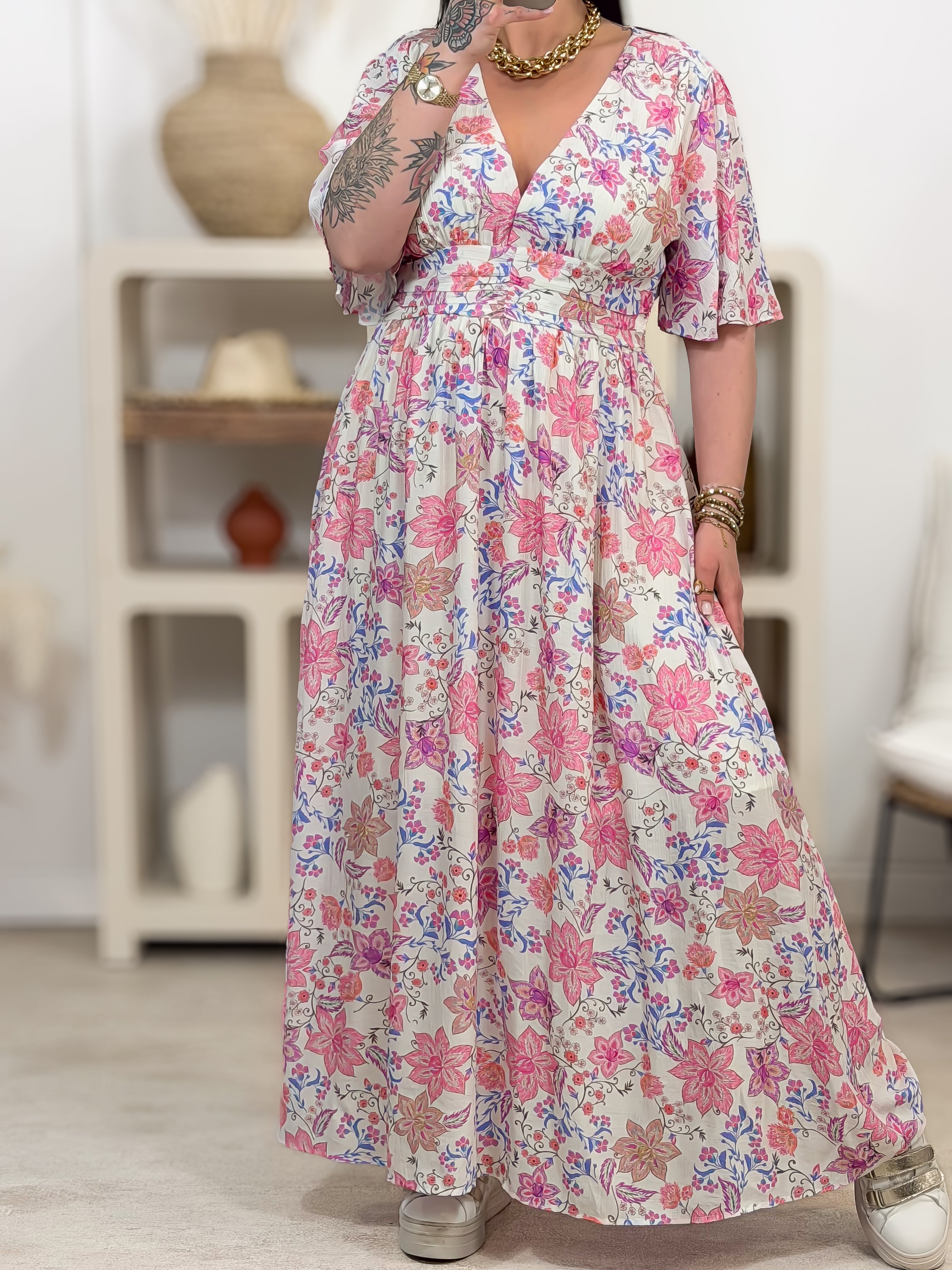 Robe Longue - Elena - Blanc & Rose