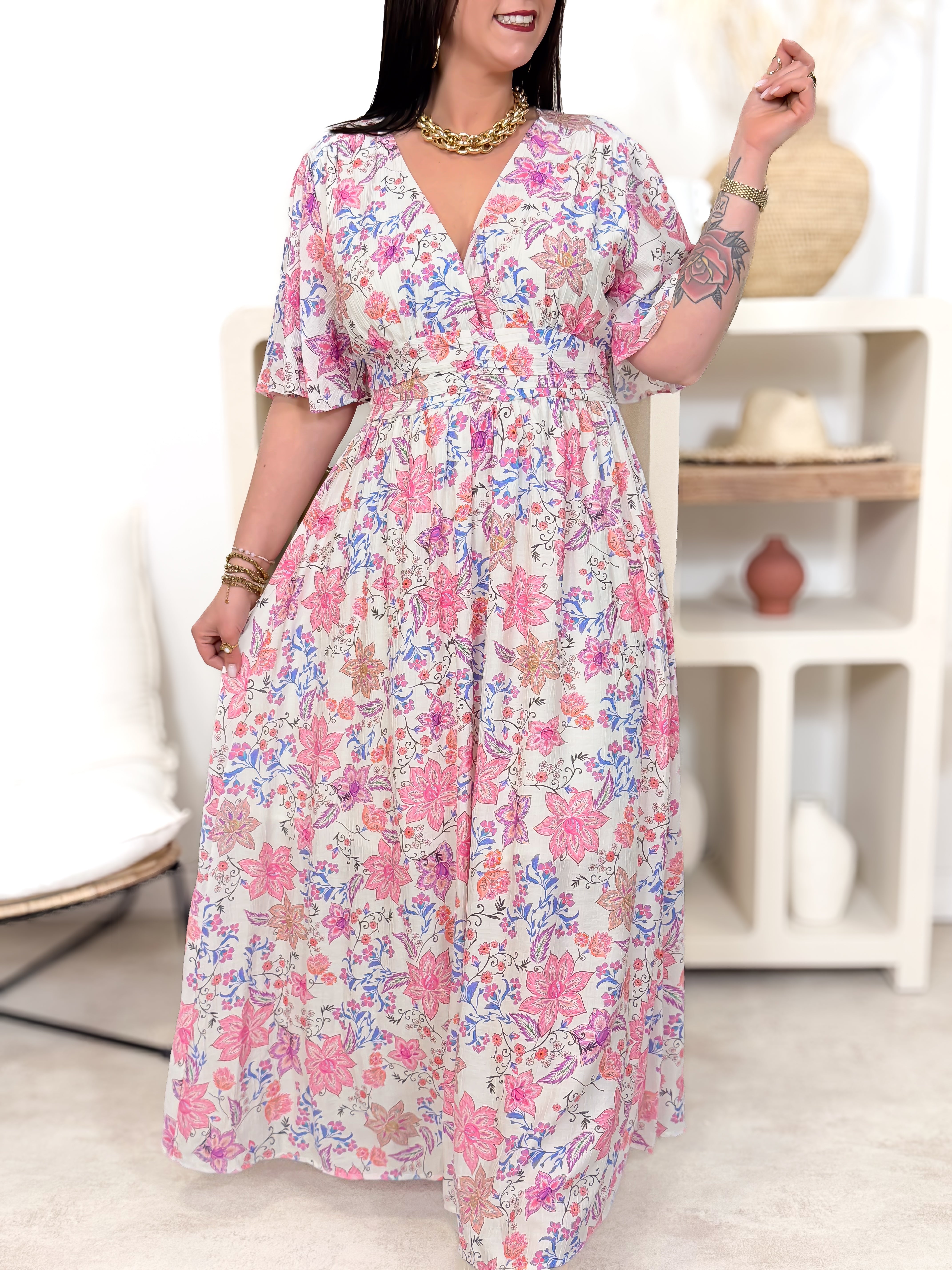 Robe Longue - Elena - Blanc & Rose