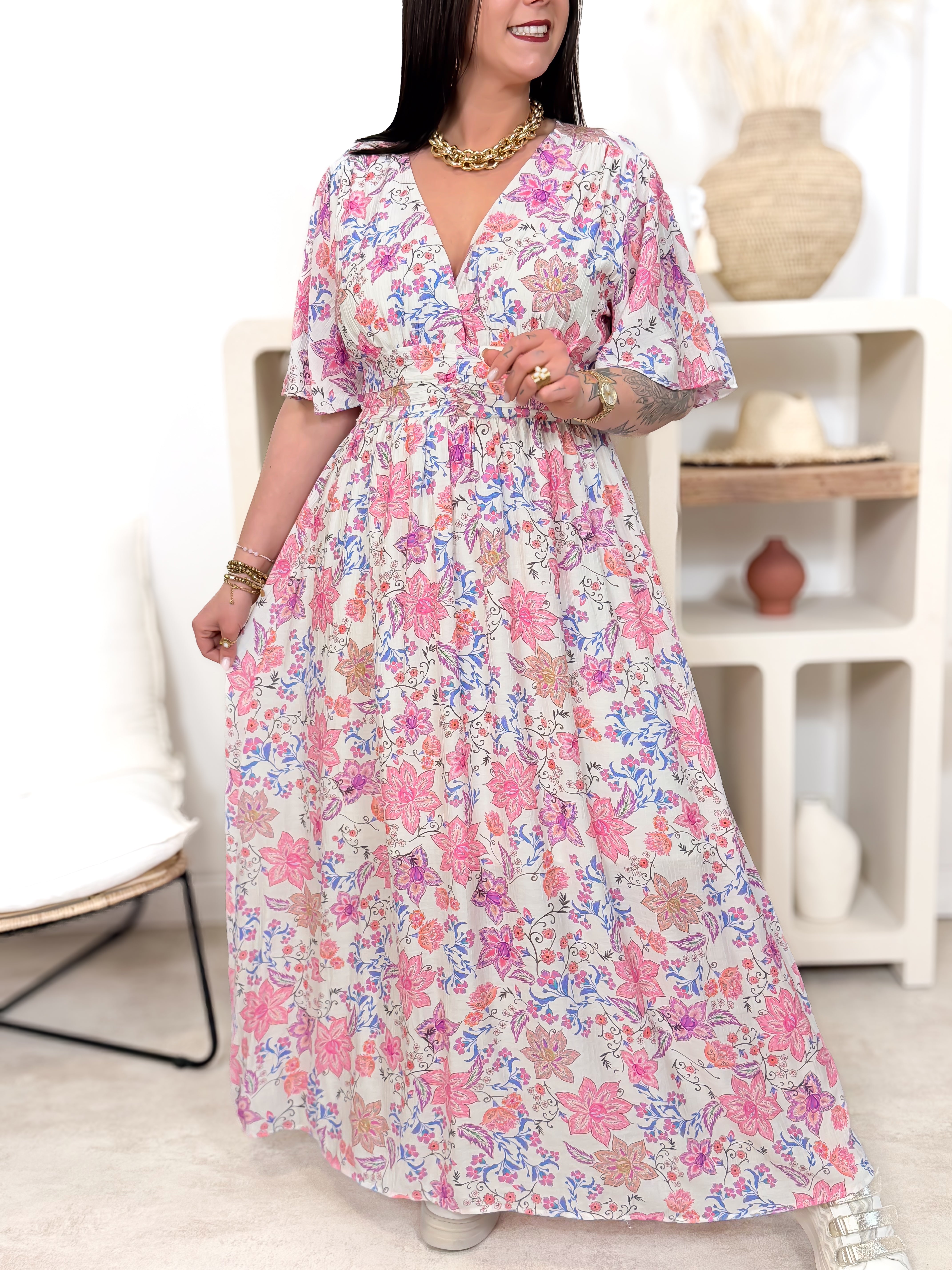 Robe Longue - Elena - Blanc & Rose