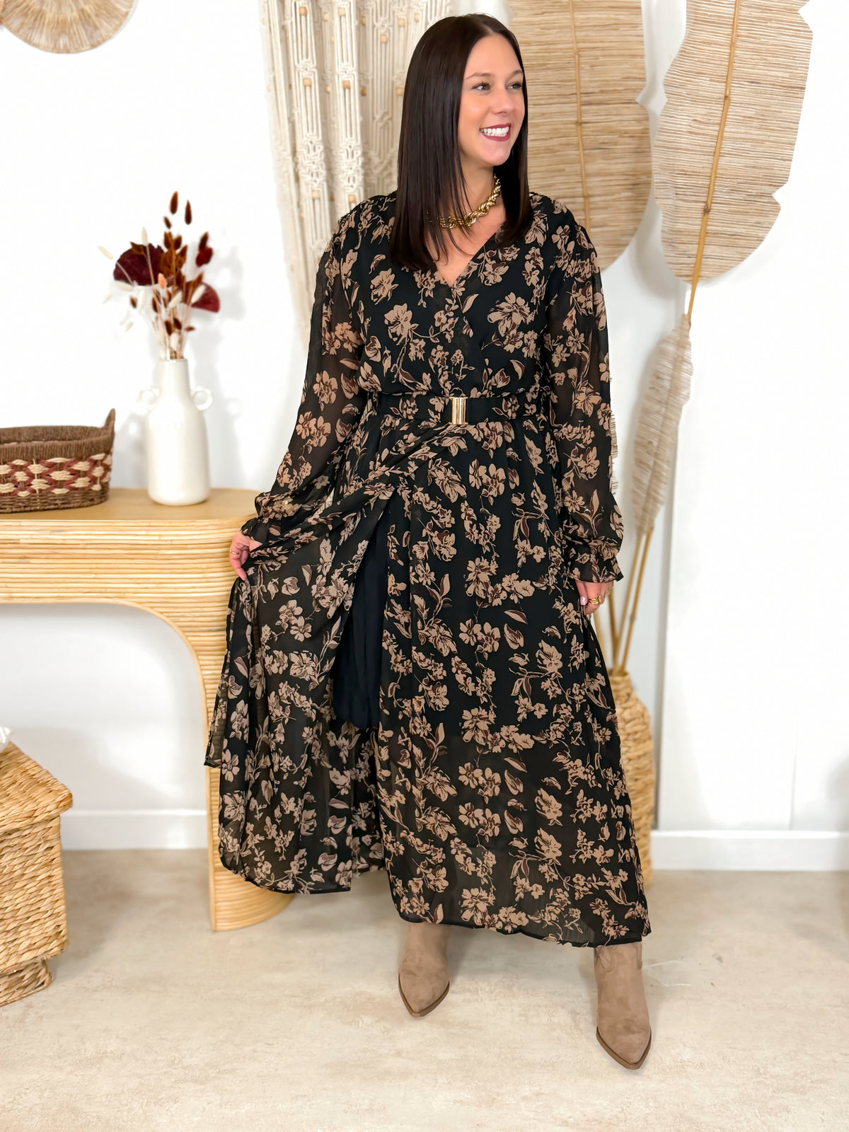 Robe Longue - Sylvia - Noir & Taupe Fleurie