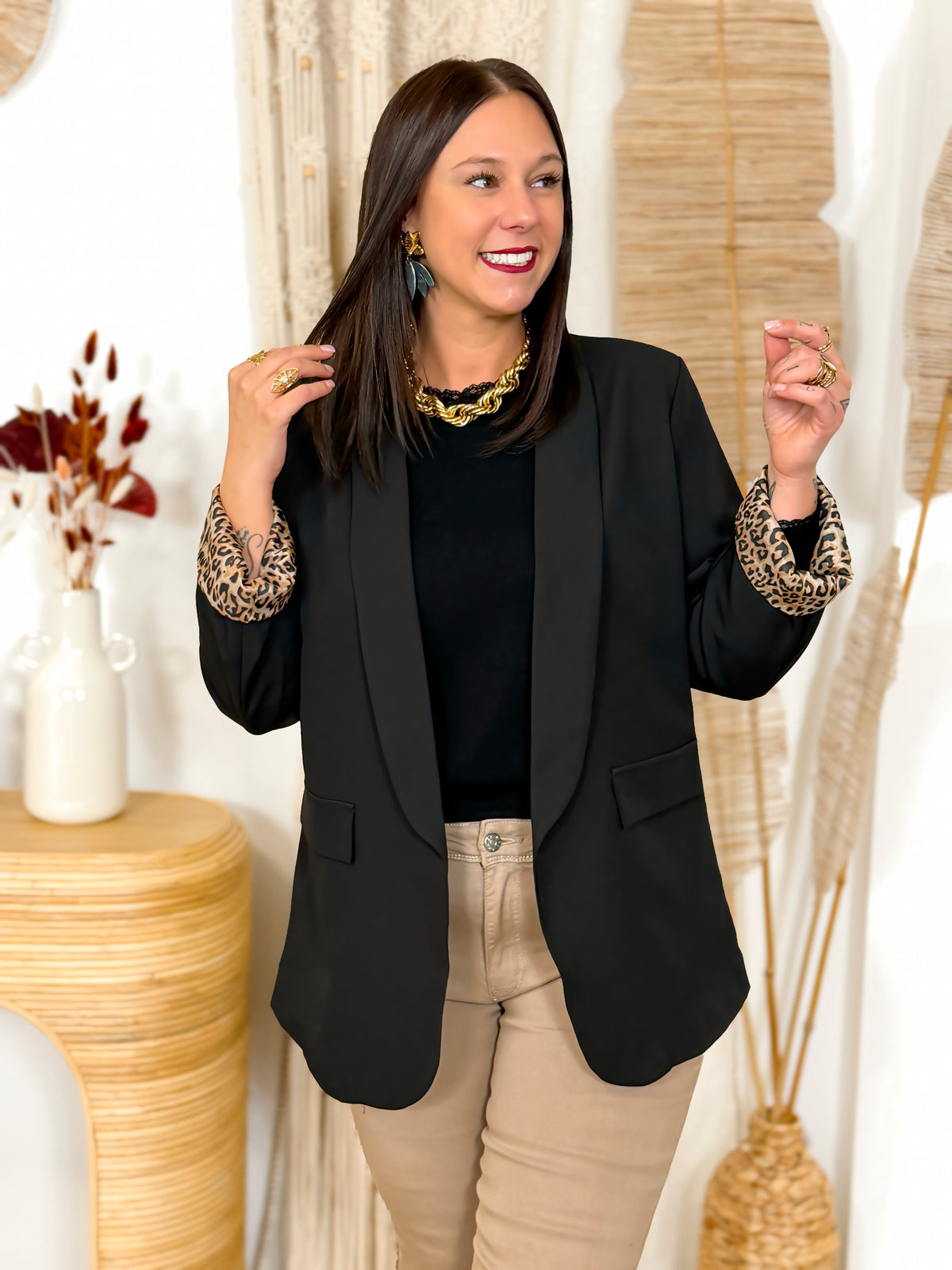 Blazer grande taille noir doublure léopard – photo 8