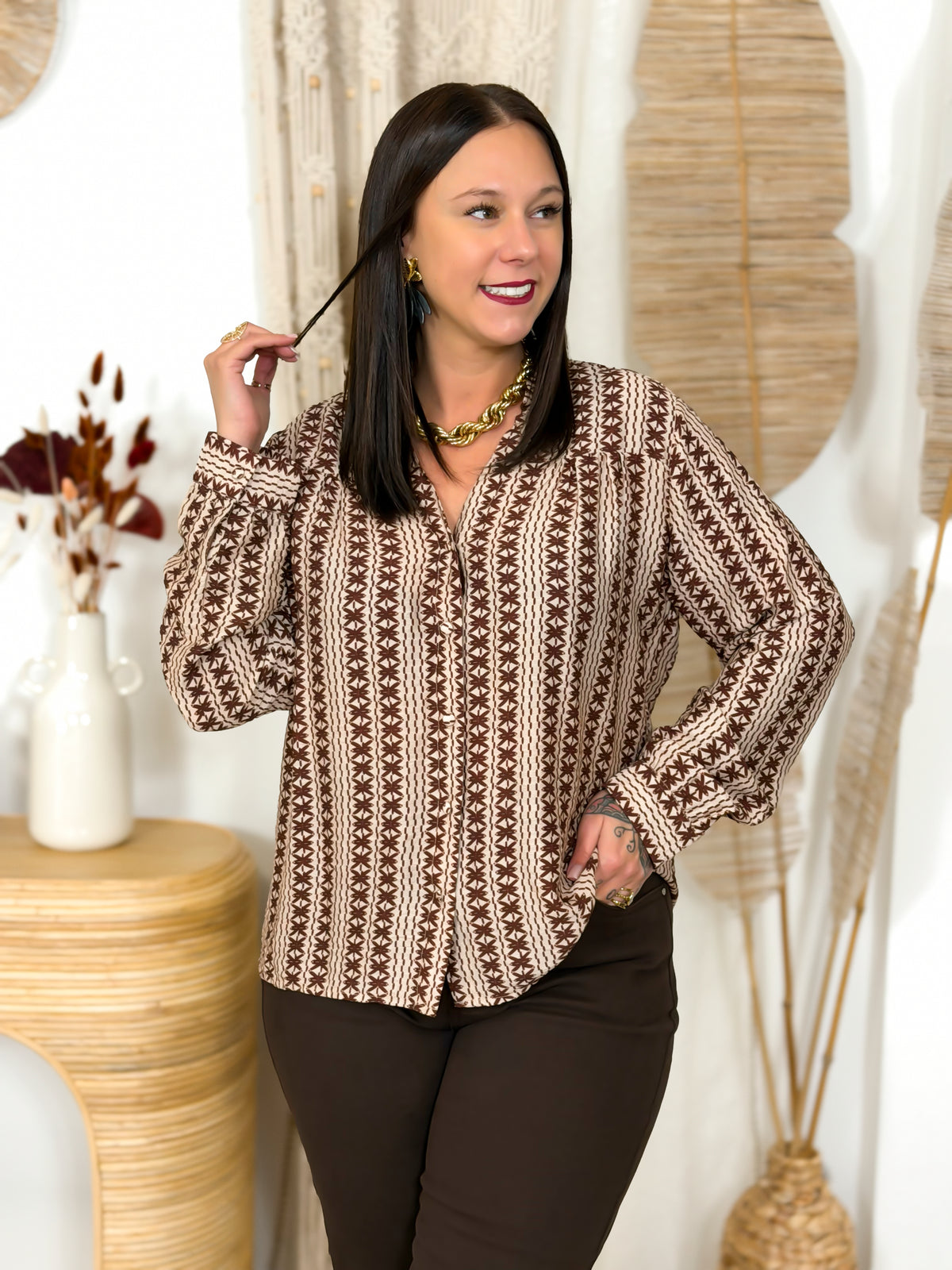 Chemisier grande taille beige et chocolat à motifs – photo 7