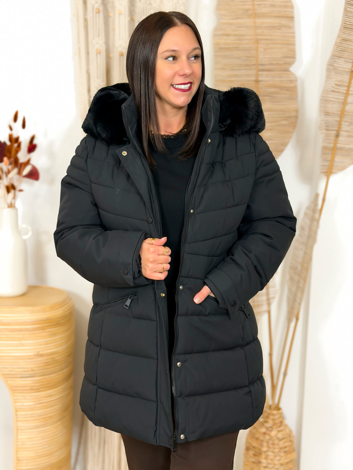 Doudoune grande taille noire capuche fausse fourrure – photo 7