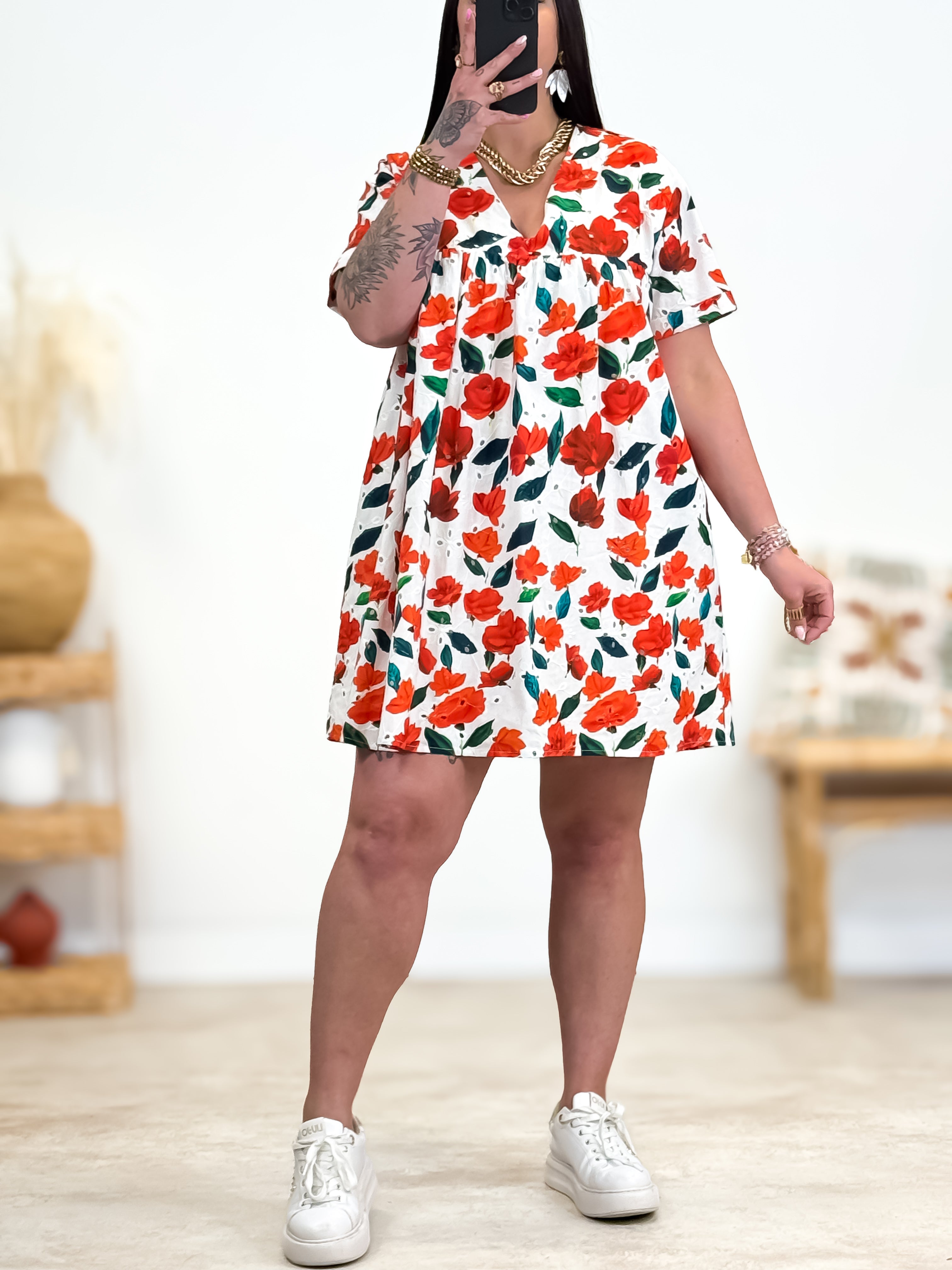 Robe-short - Hilona - Blanc & orange/vert