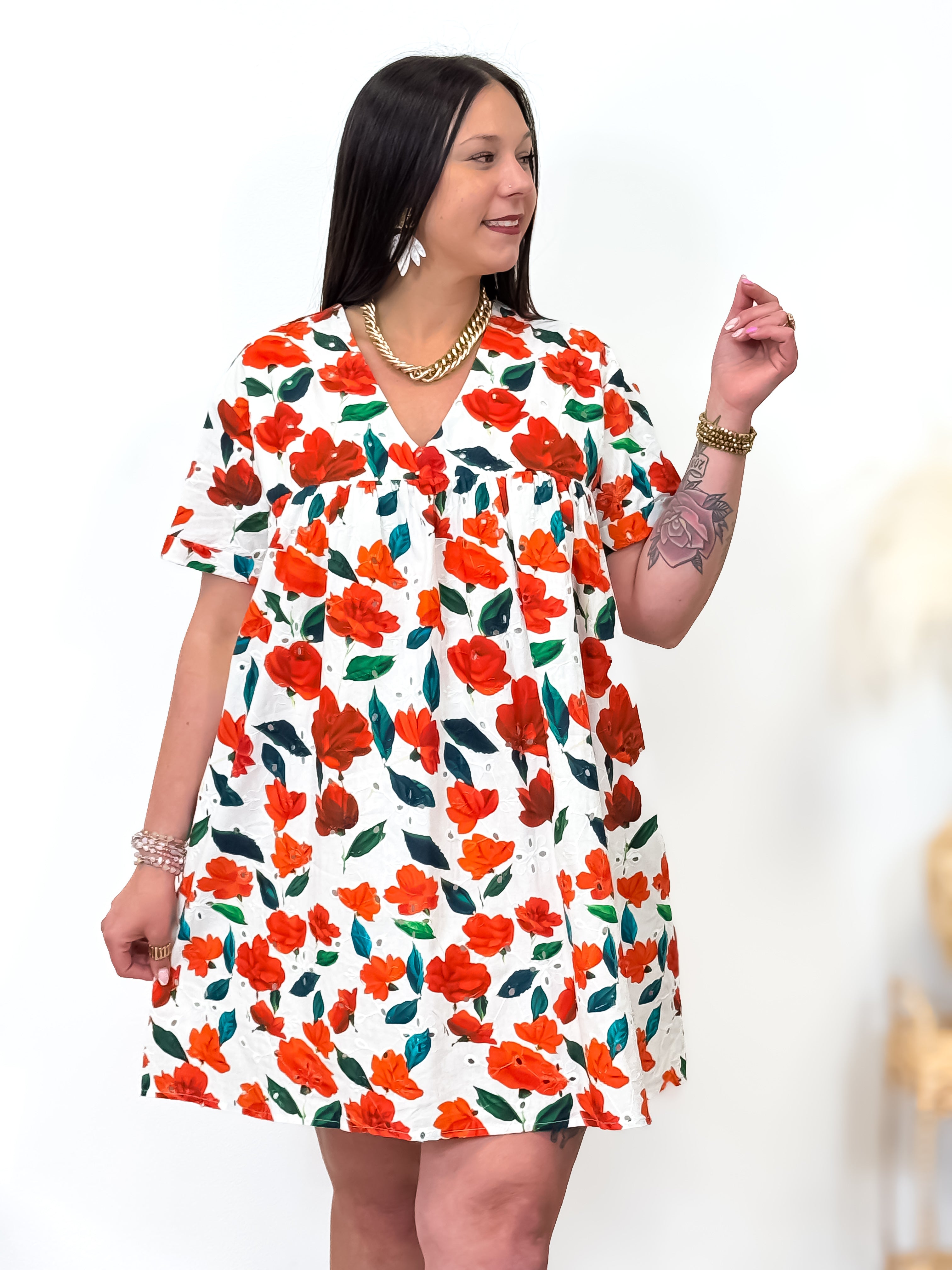 Robe-short - Hilona - Blanc & orange/vert