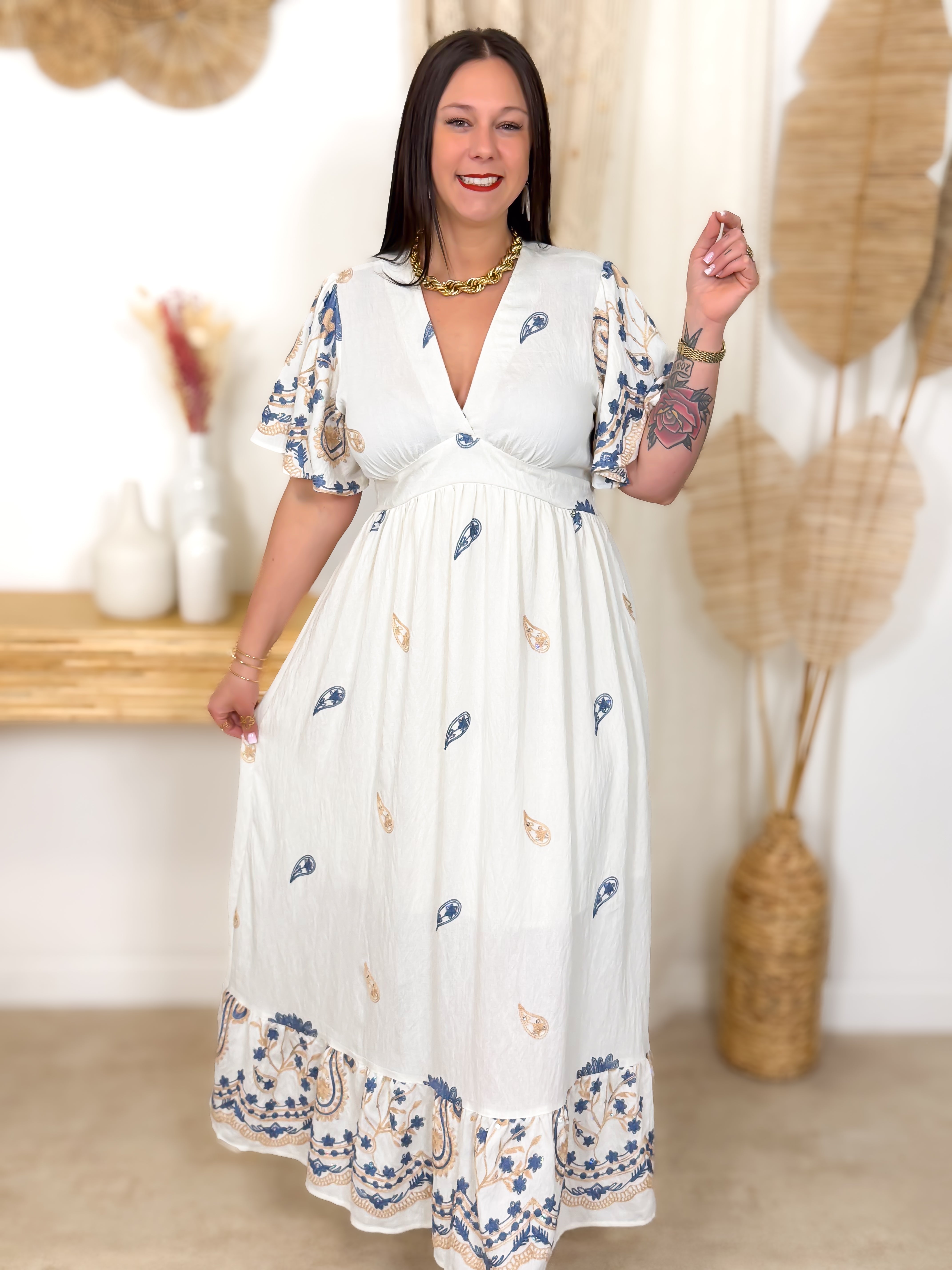 Robe Longue - Tonia - Ecru & Bleu Ciel