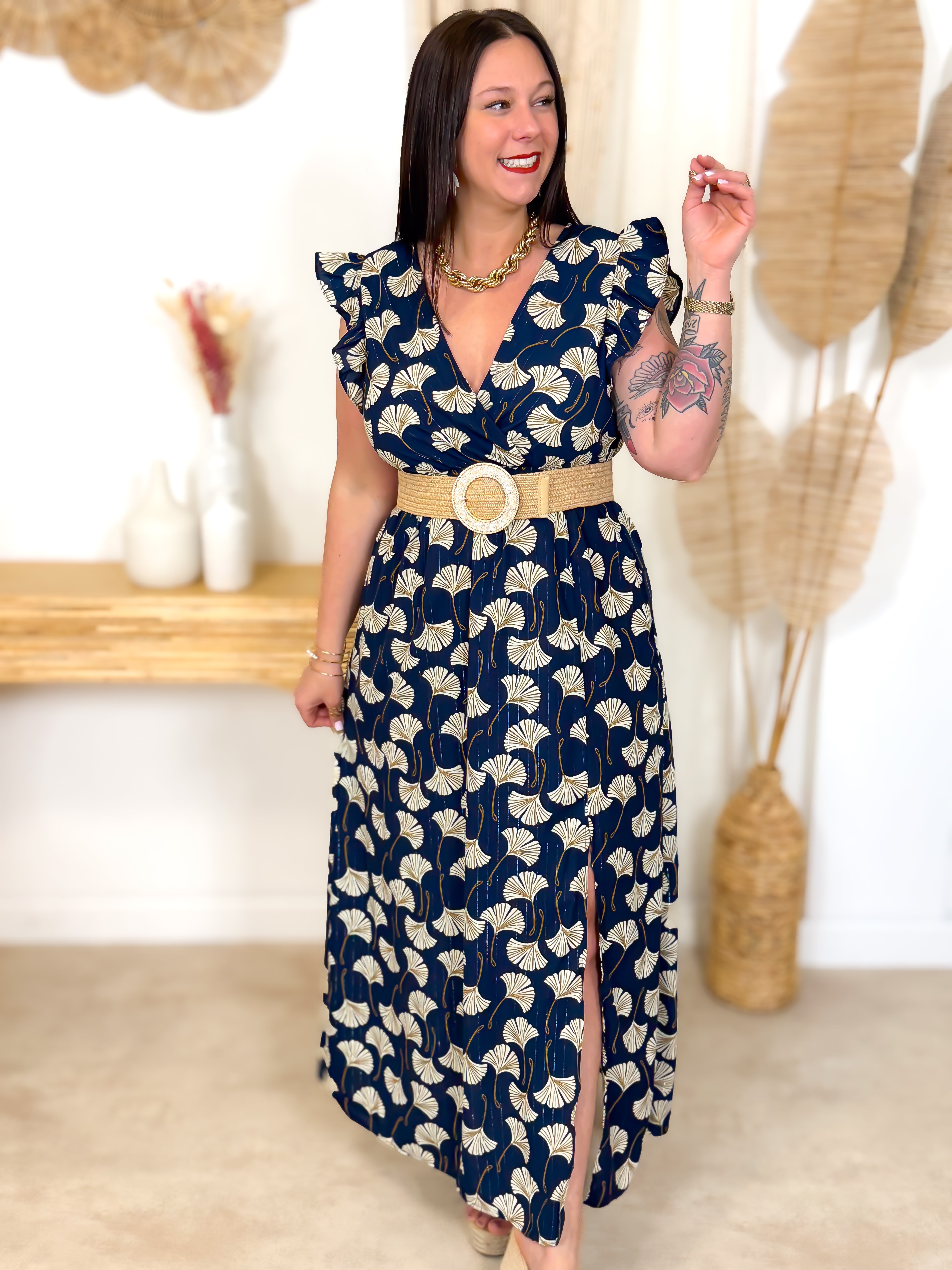 Robe Longue - Noelia - Bleu Marine & Beige