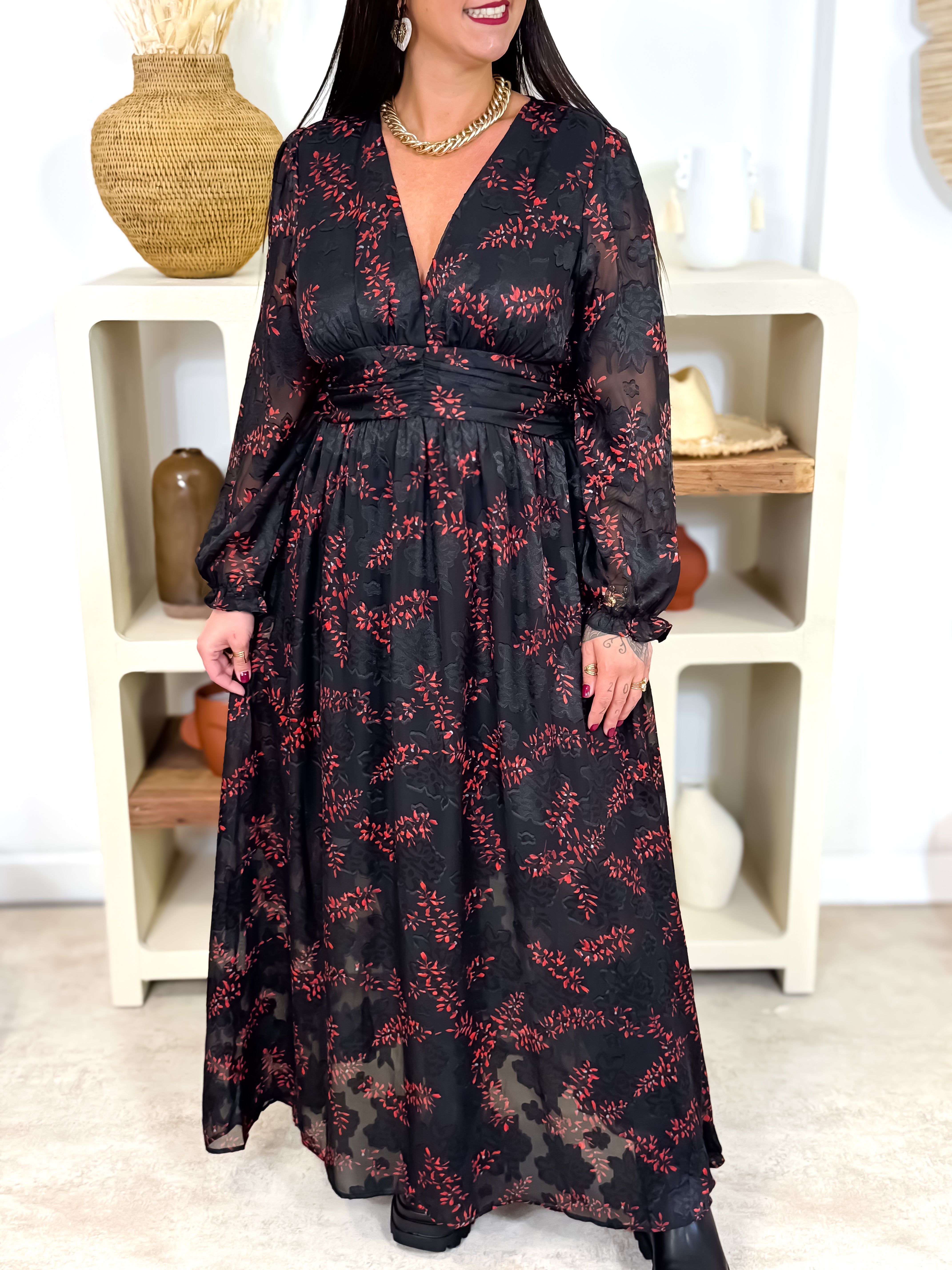 Robe Longue- Maena - Noir & Rouge