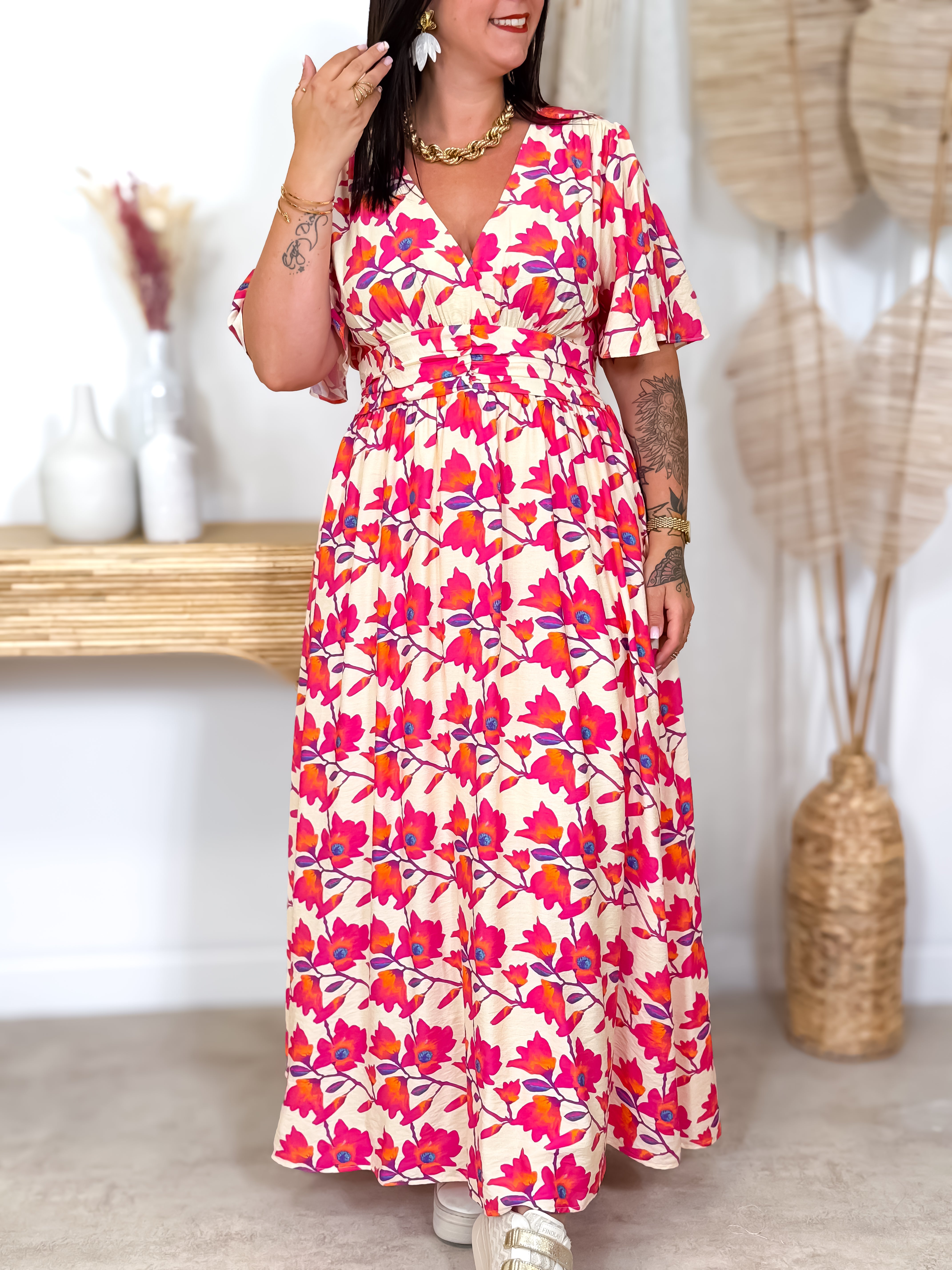Robe Longue - Julie - Beige & Fuchsia