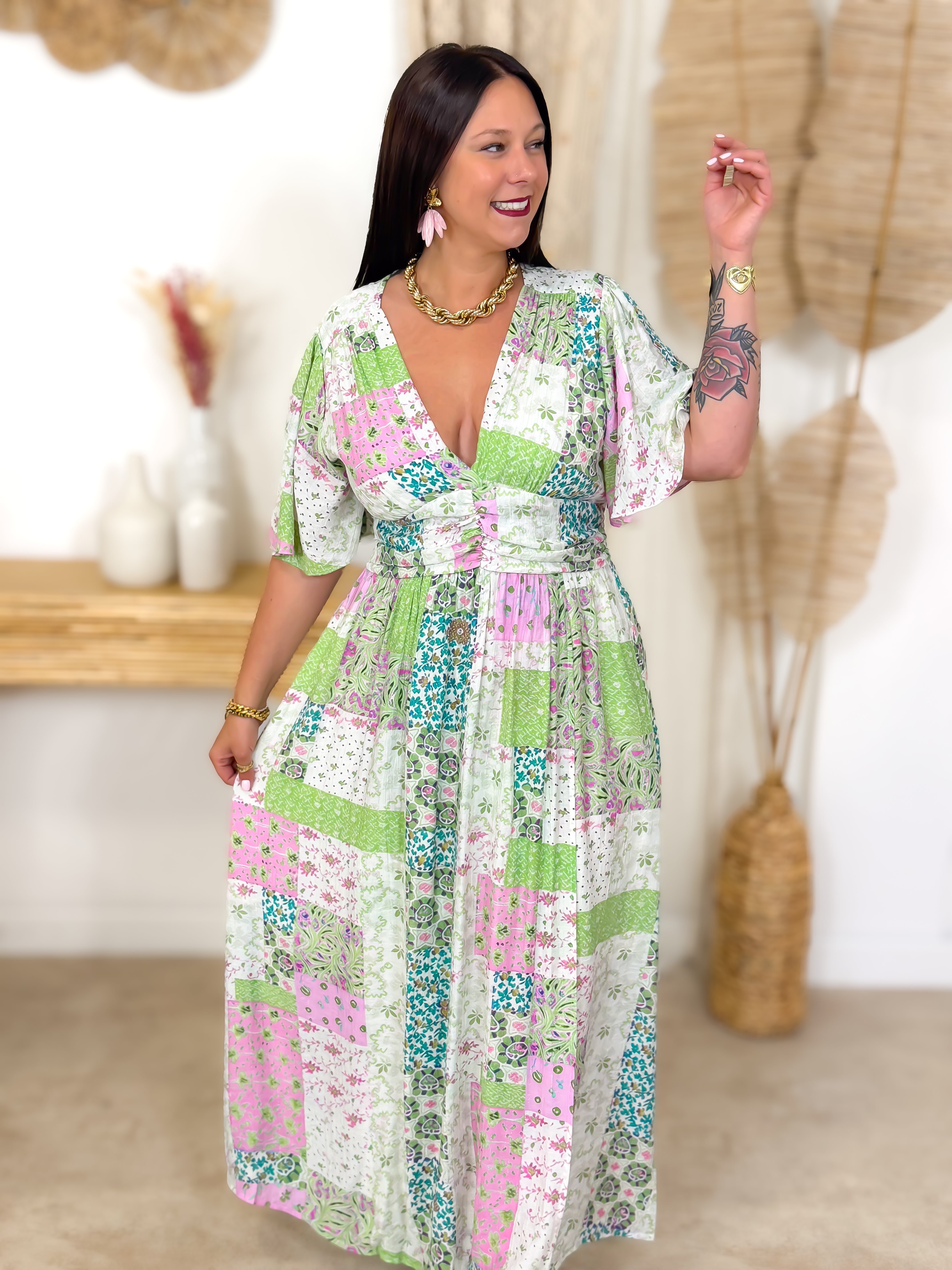 Robe Longue - Leva - Vert & Rose