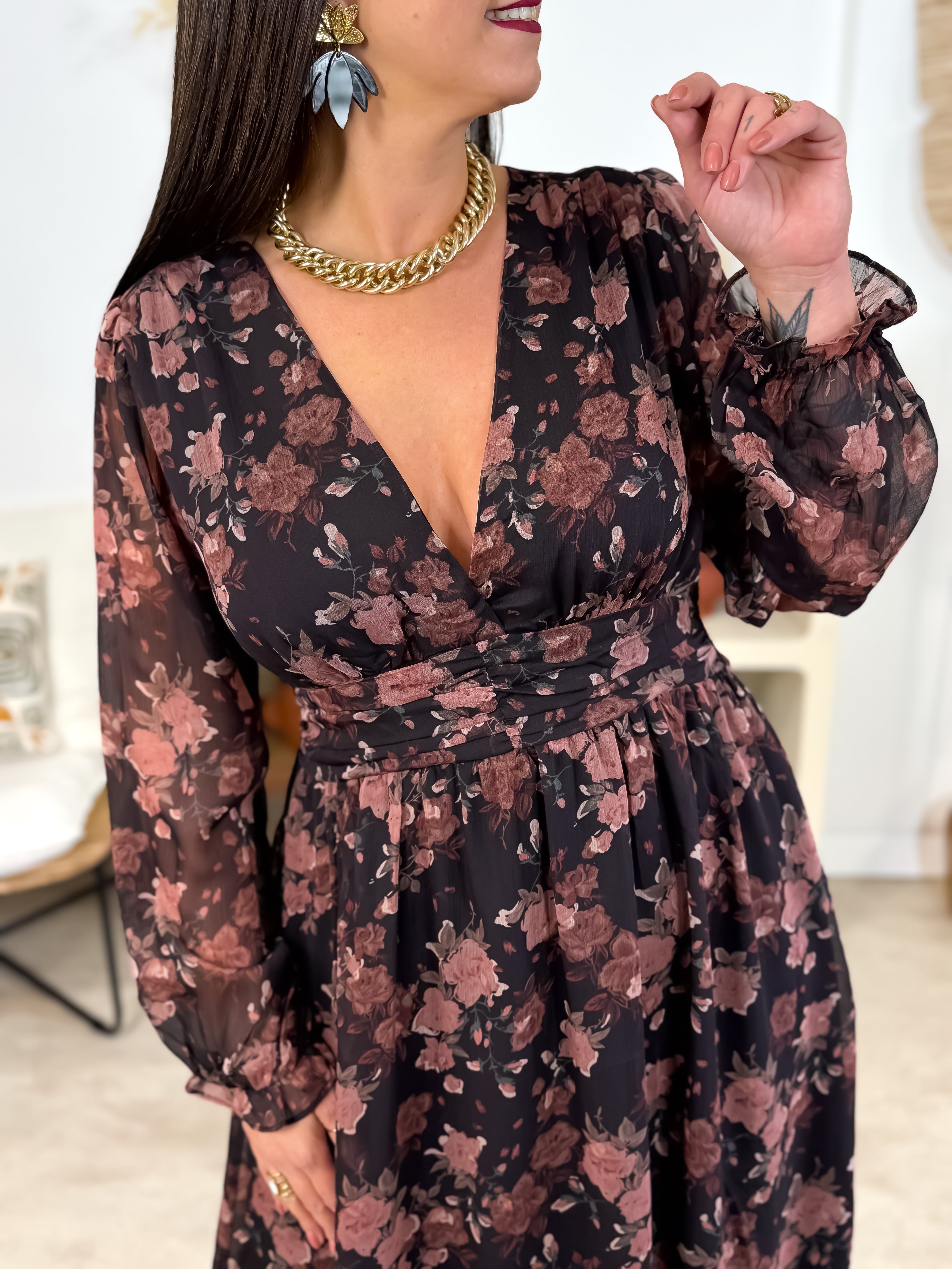 Robe Longue - Claudine - Noir & Rose