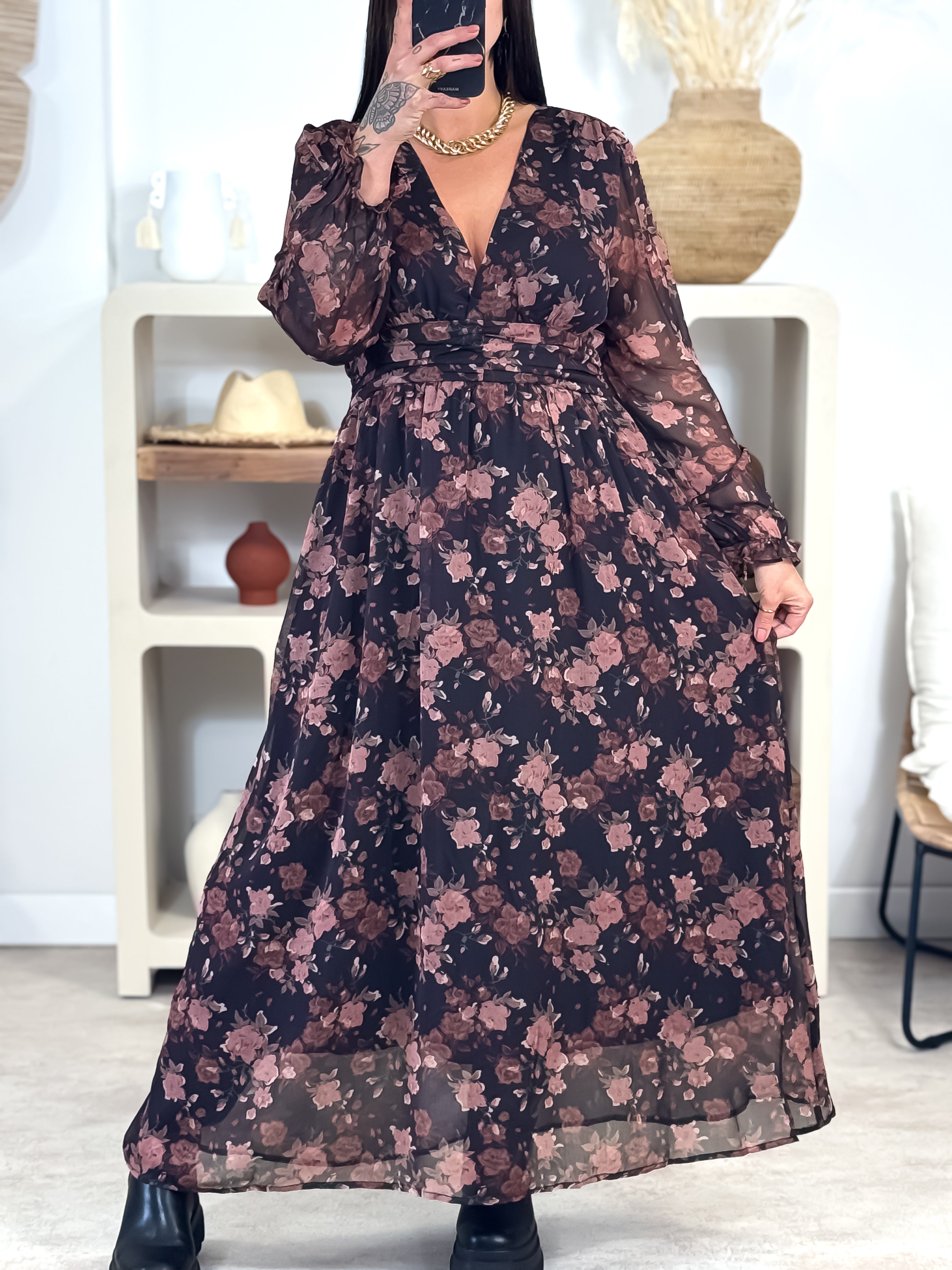 Robe Longue - Claudine - Noir & Rose