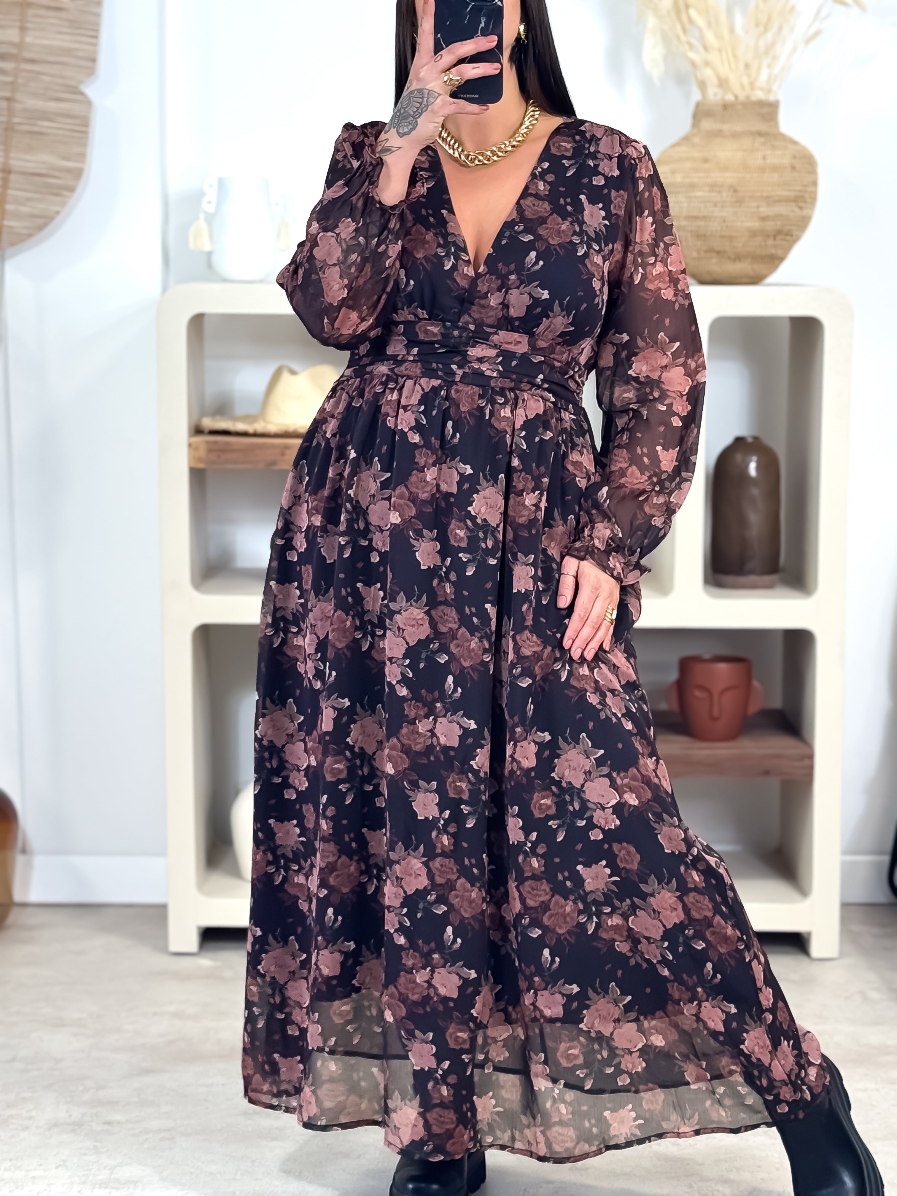 Robe Longue - Claudine - Noir & Rose