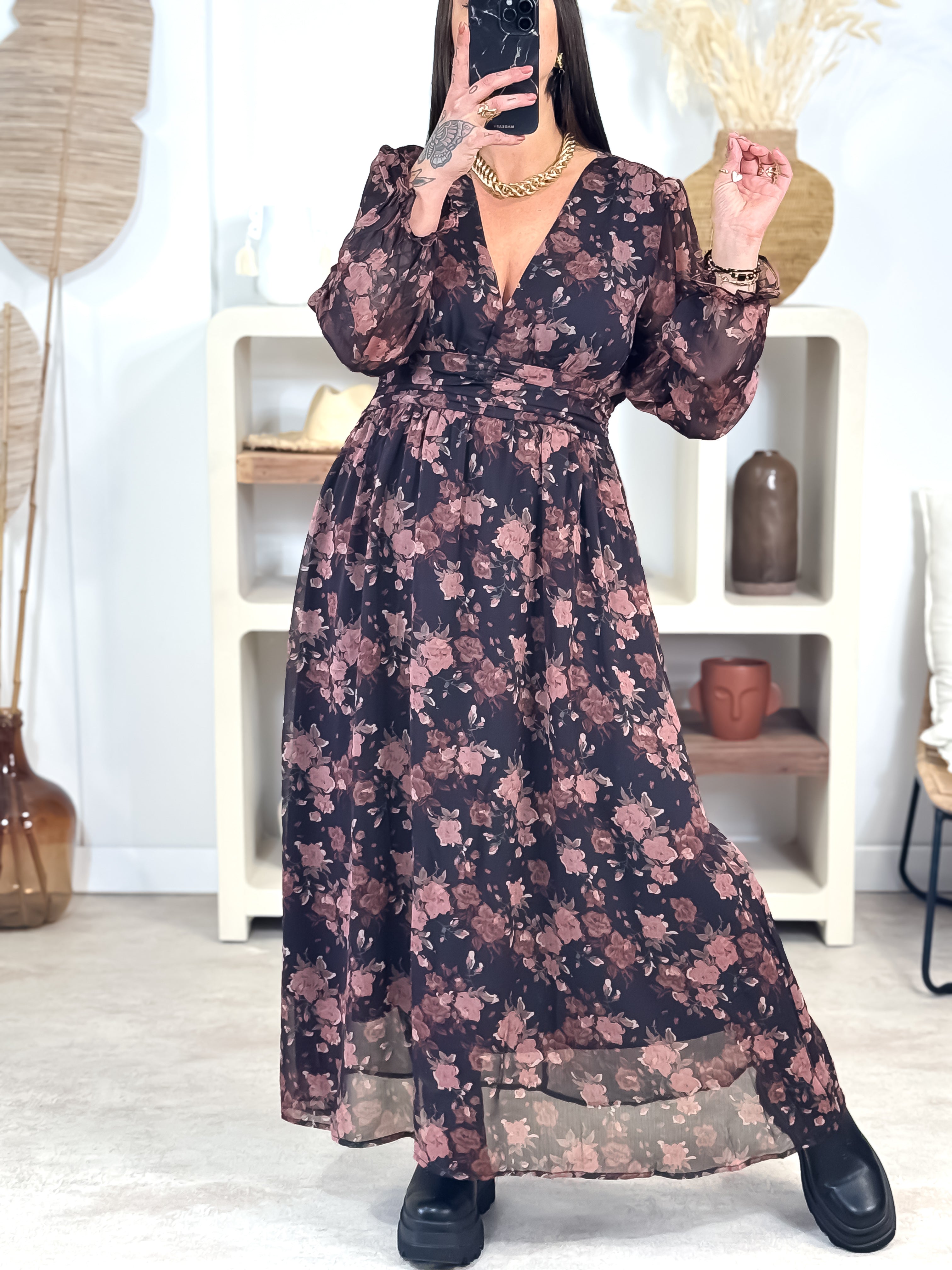 Robe Longue - Claudine - Noir & Rose