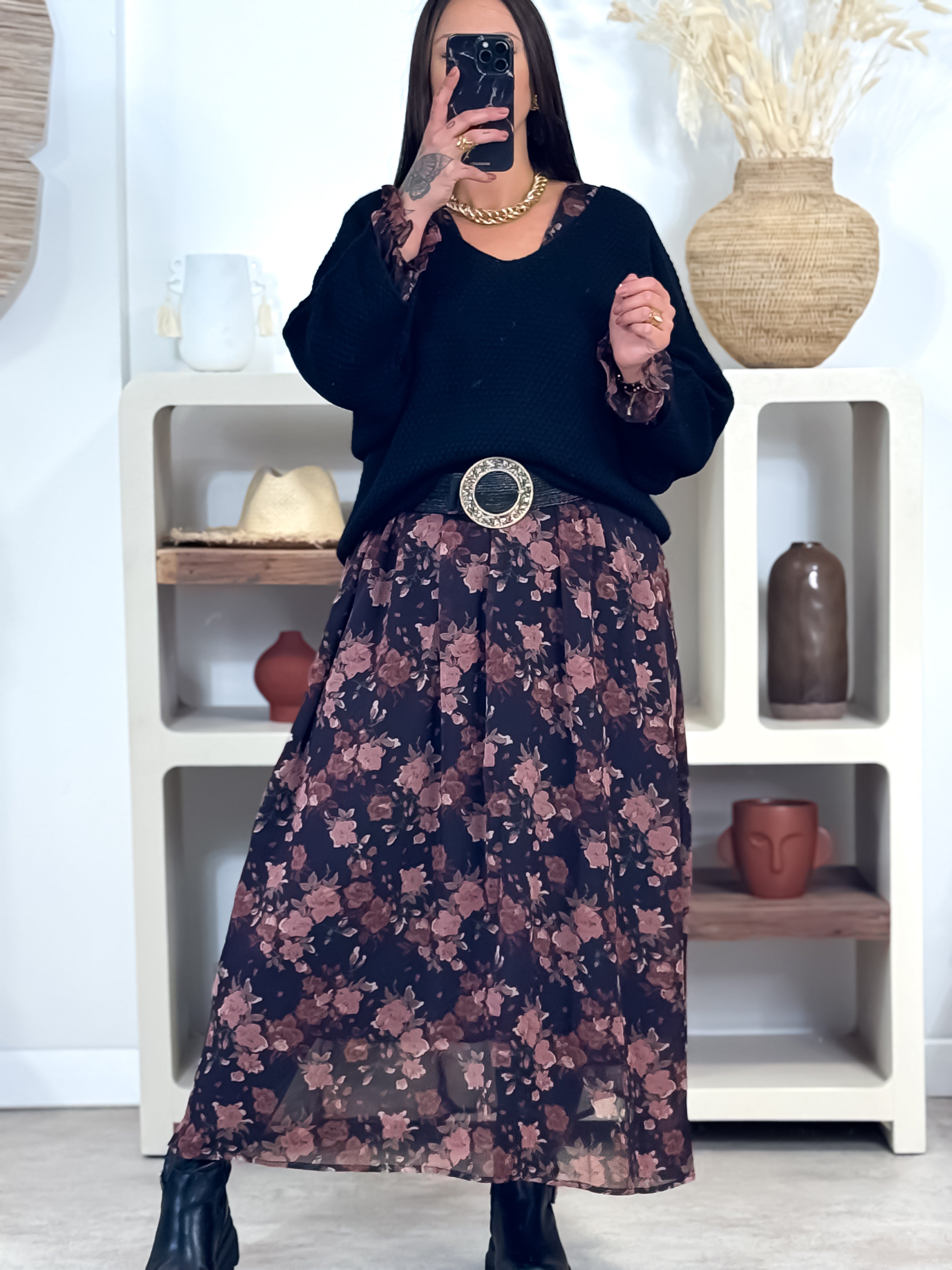 Robe Longue - Claudine - Noir & Rose