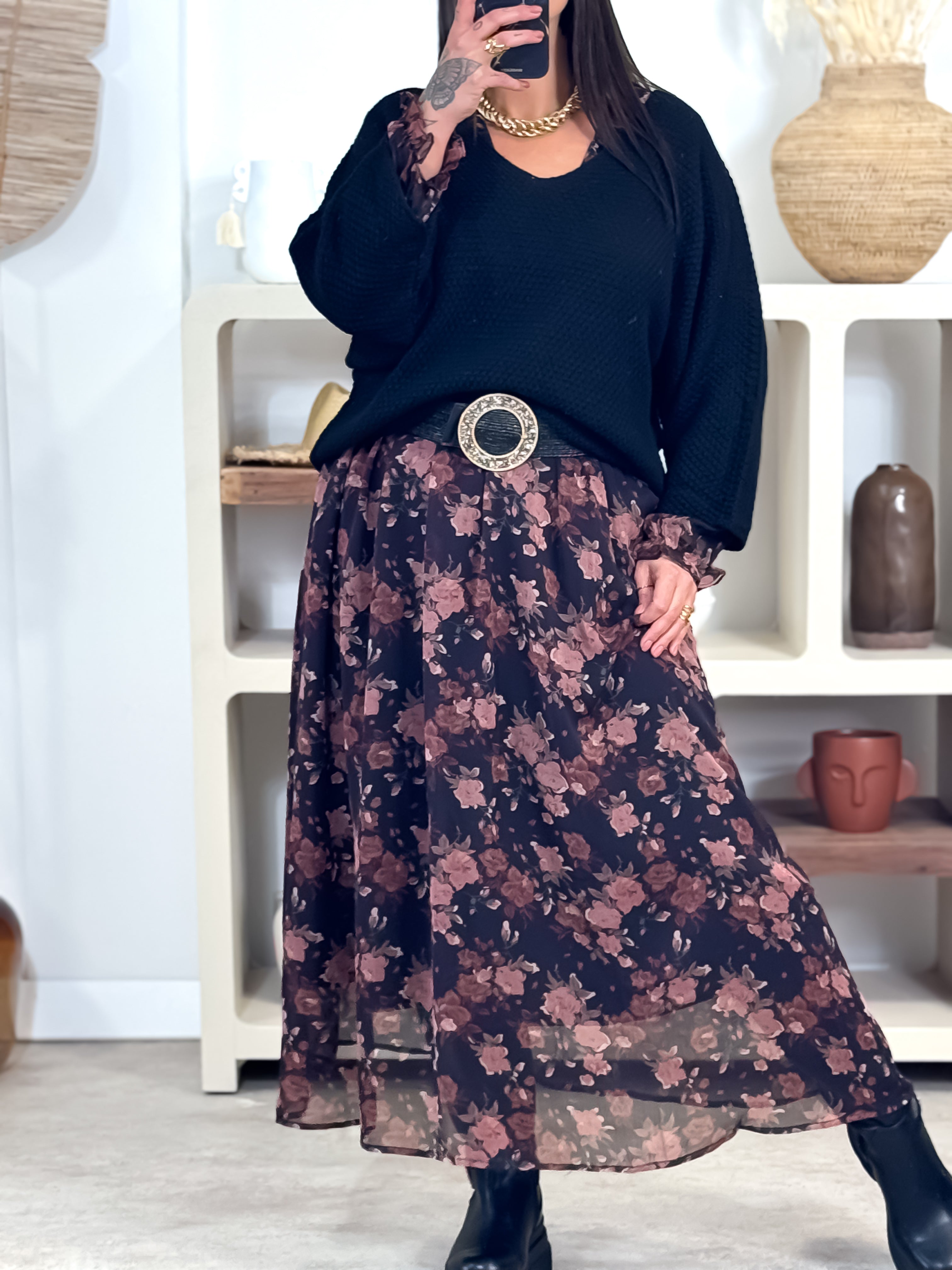 Robe Longue - Claudine - Noir & Rose