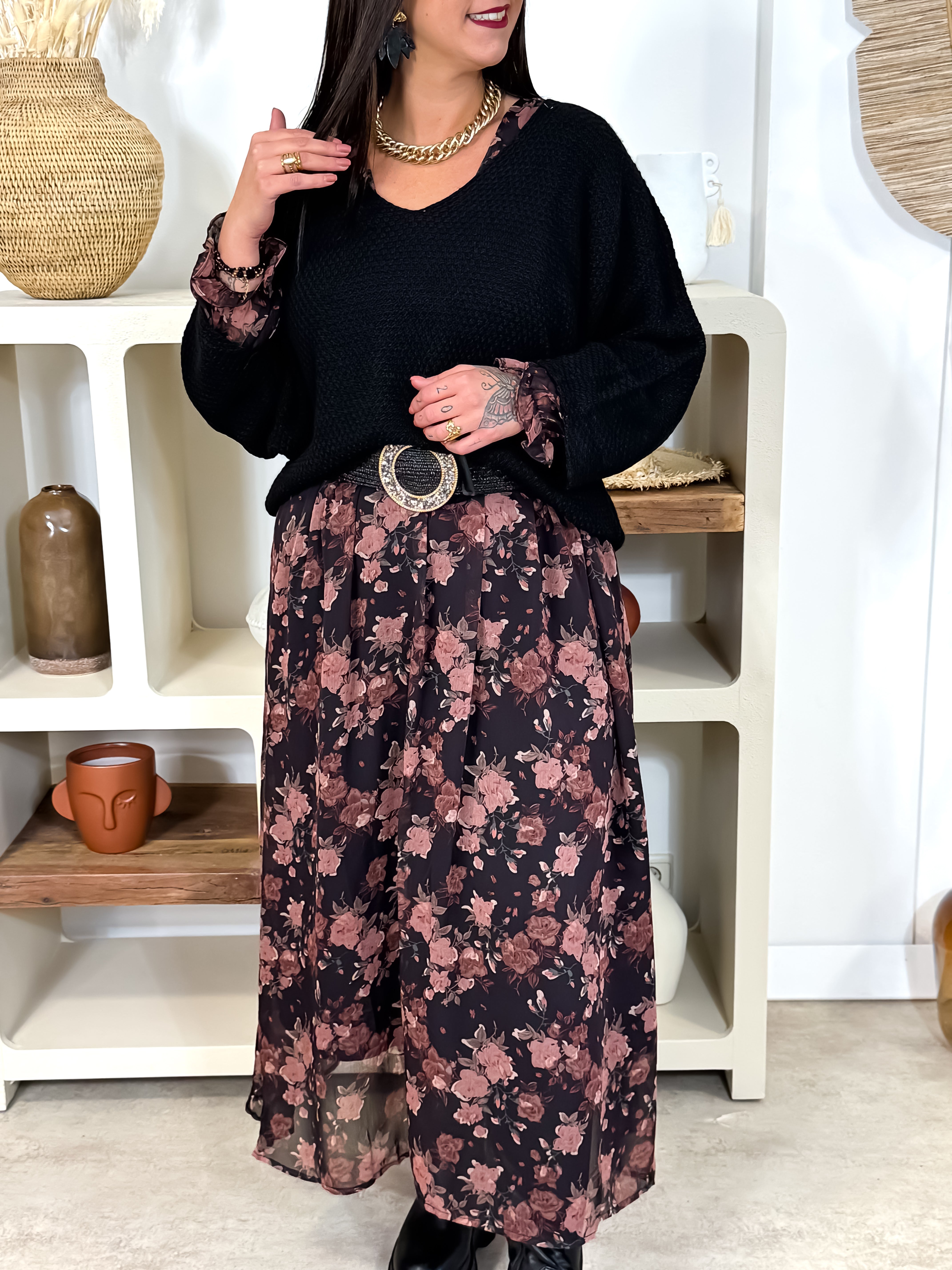 Robe Longue - Claudine - Noir & Rose