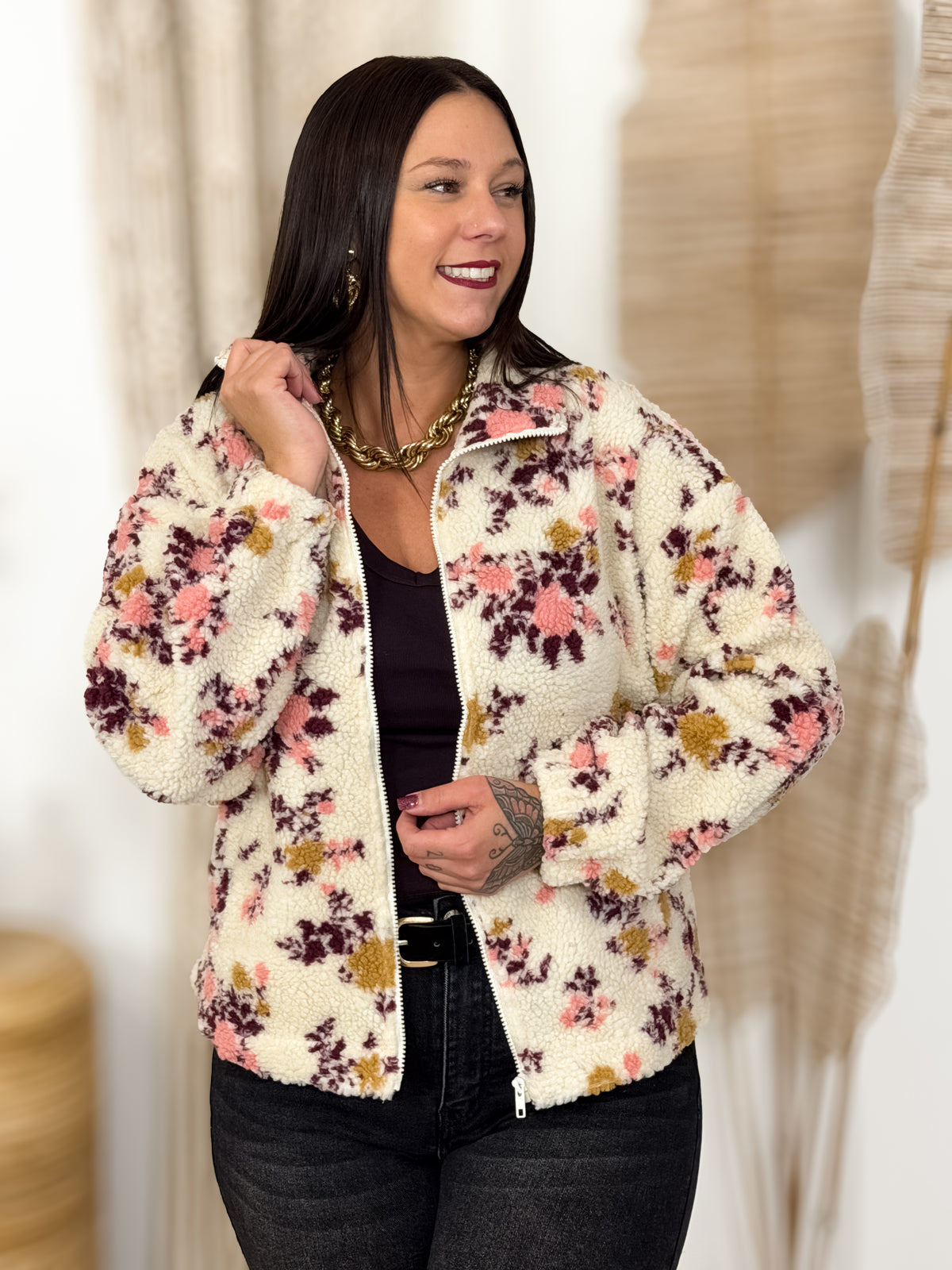 Veste teddy grande taille Kyliana écru et bordeaux