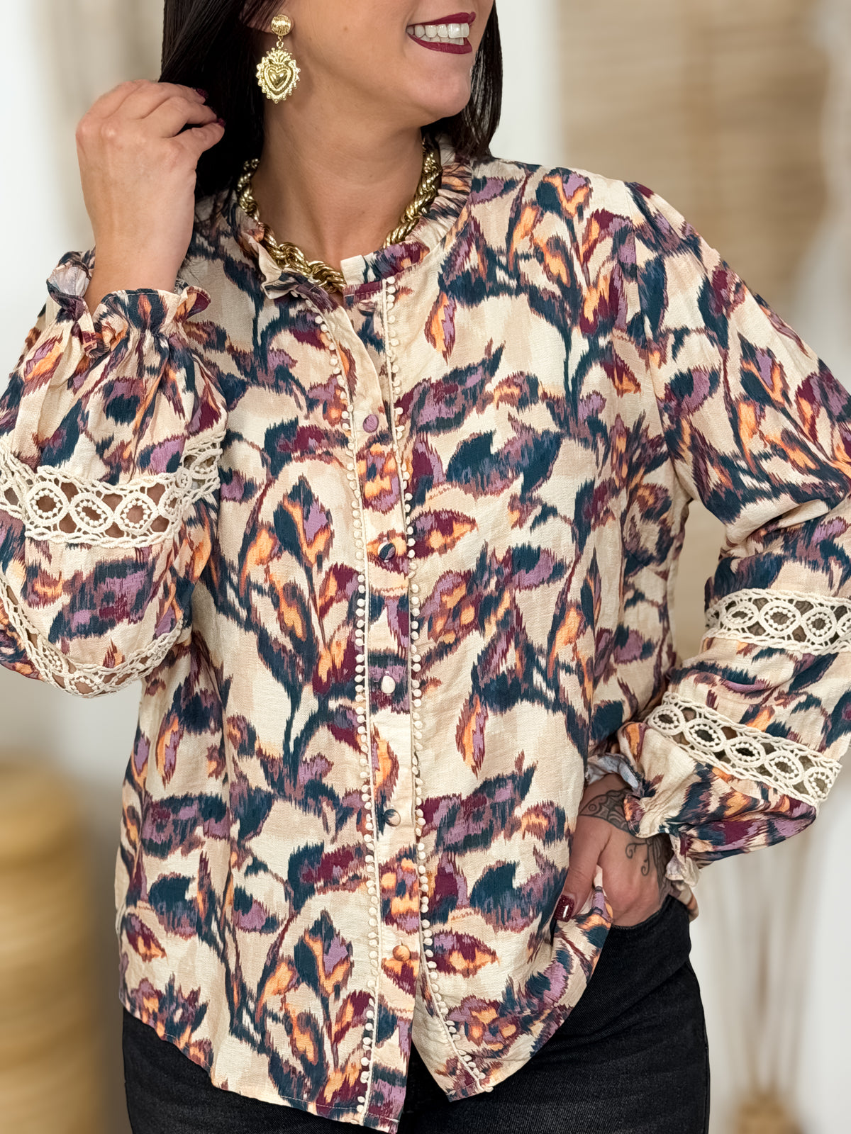Chemisier grande taille Tahina beige et bordeaux