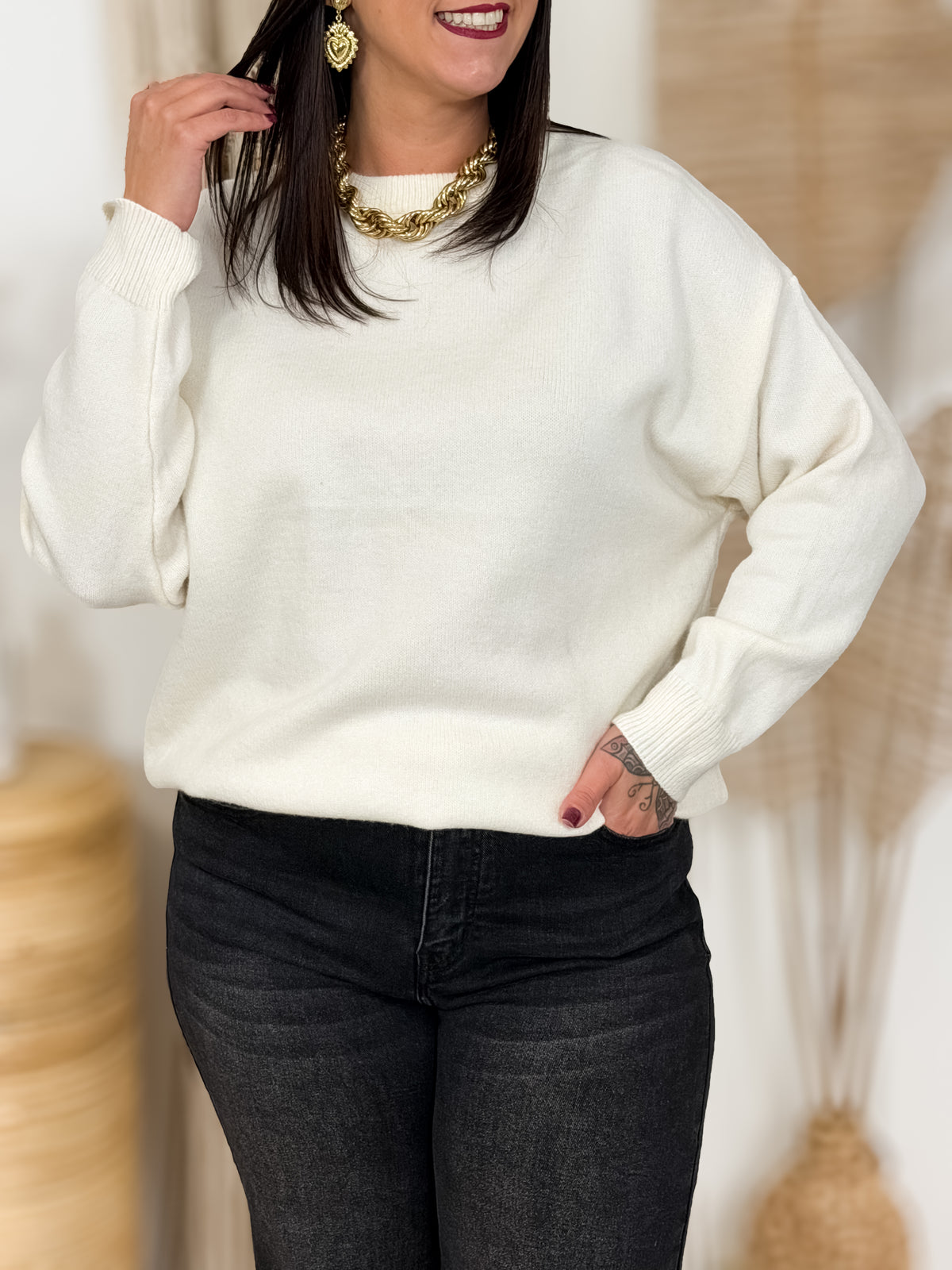 Pull grande taille Lovi écru, cœur en dentelle