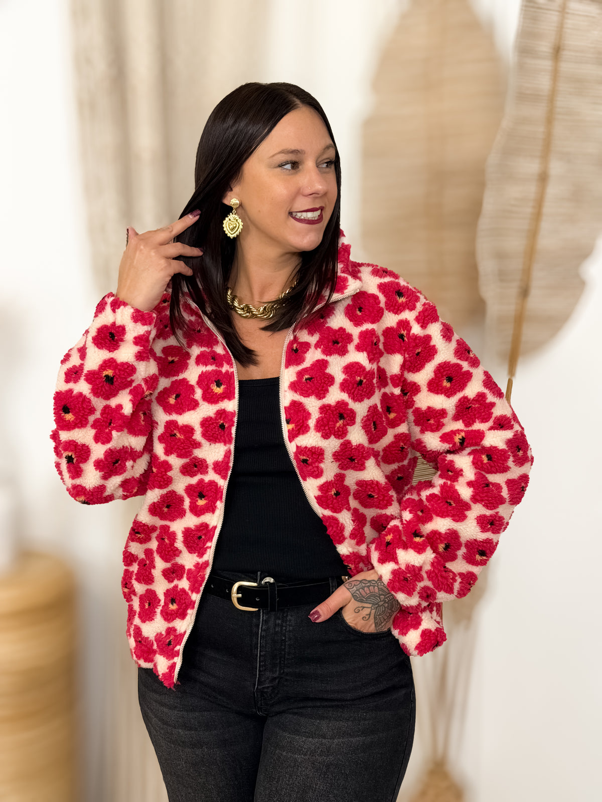 Veste teddy grande taille Julie écru et fuchsia