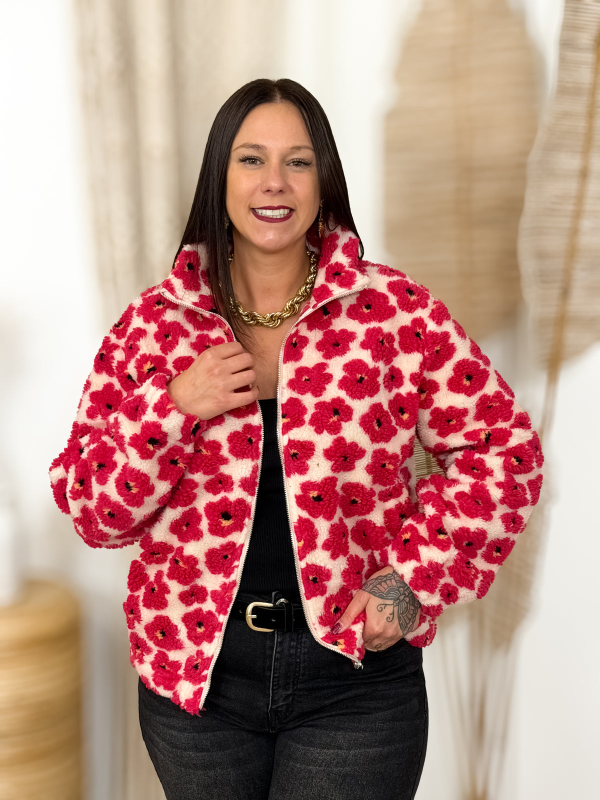 Veste teddy grande taille Julie écru et fuchsia