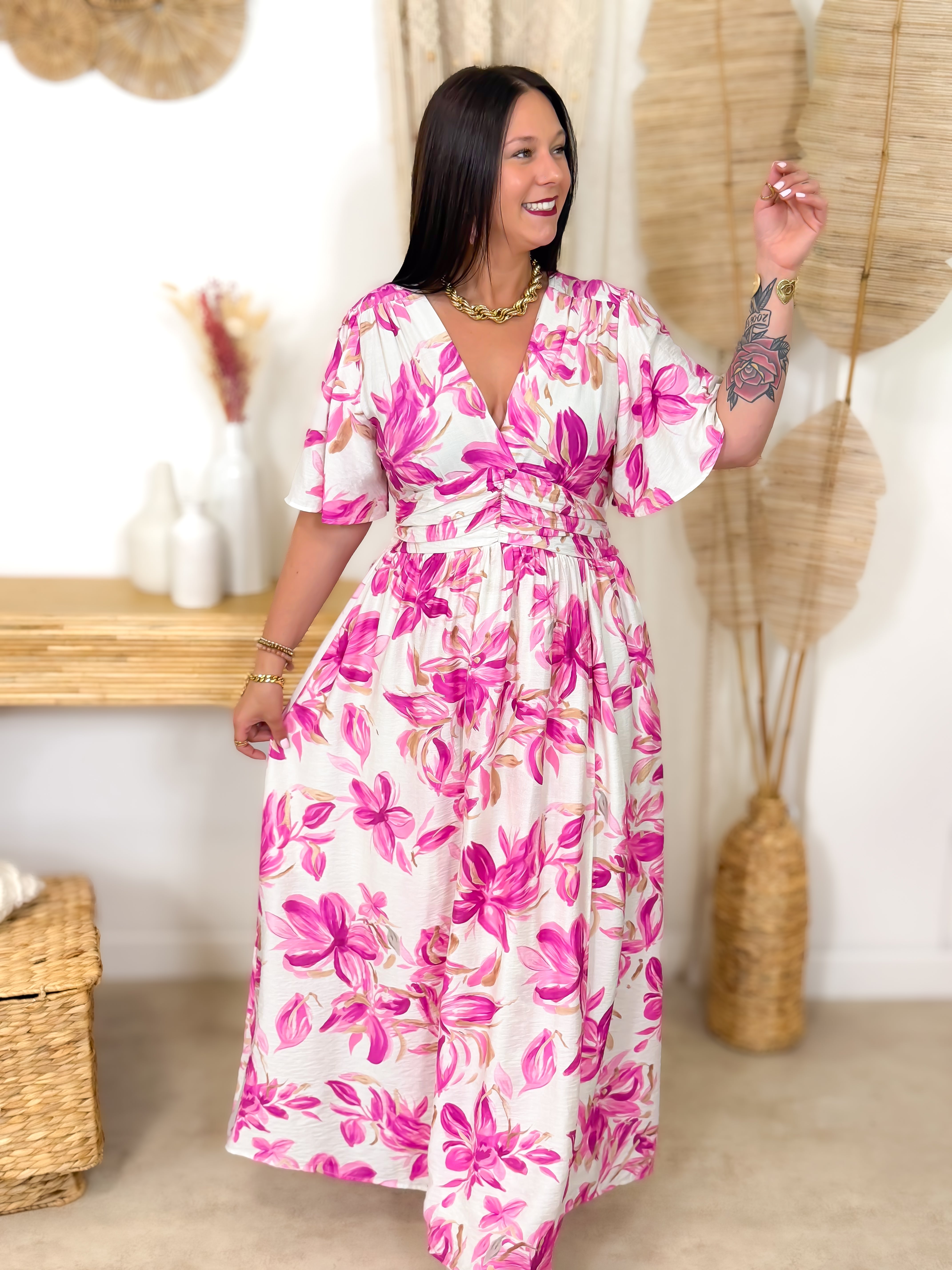 Robe Longue - Victoire - Ecru & Fuchsia