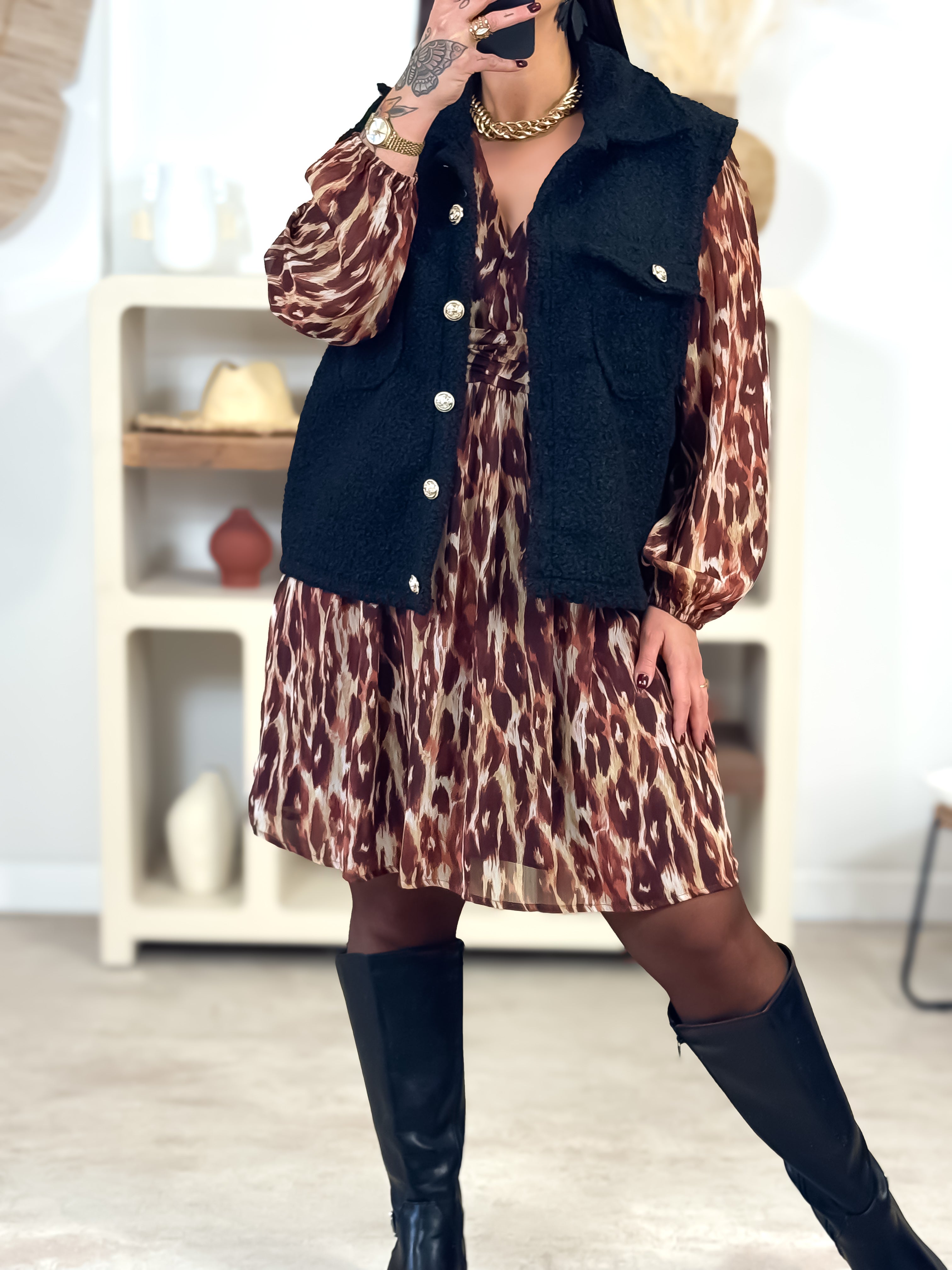 Robe courte -  Kim - Chocolat & Beige
