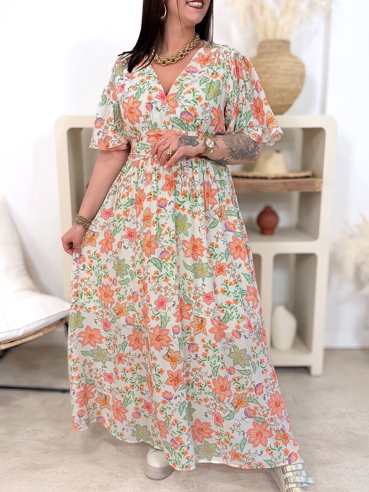 Robe Longue - Elena - Blanc & Orange