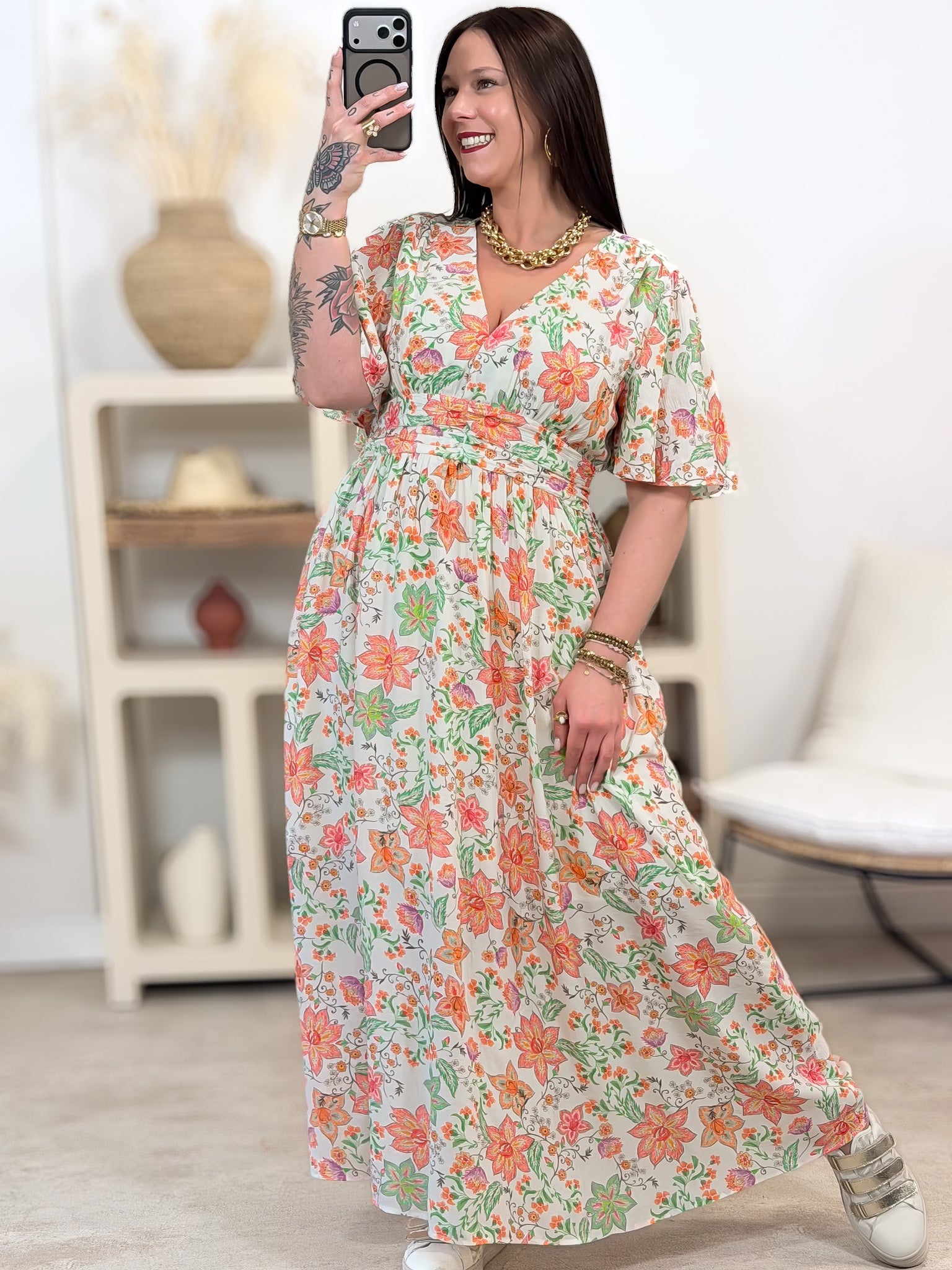 Robe Longue - Elena - Blanc & Orange