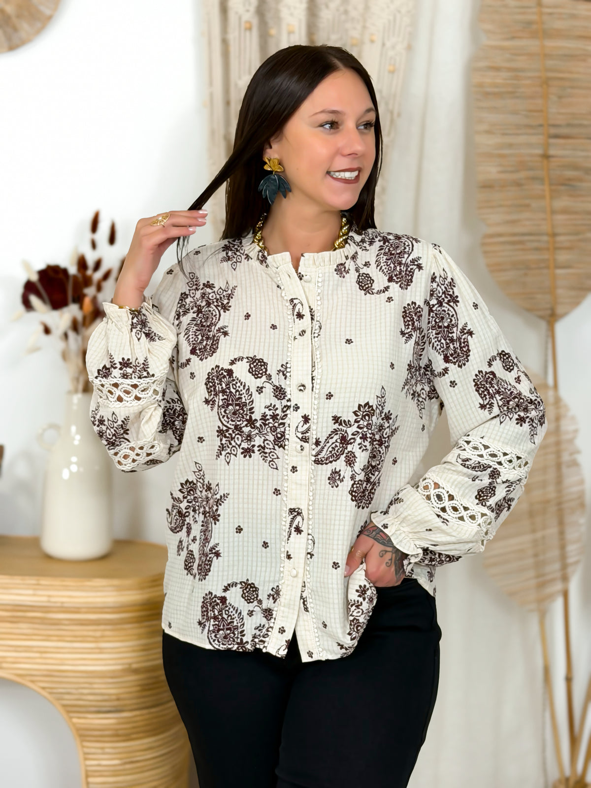 Blouse - Mélinda - Écru et Bordeaux