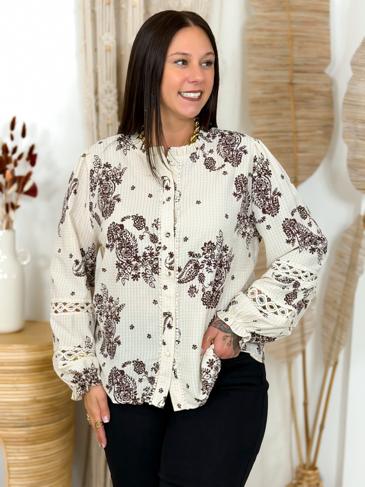 Blouse - Mélinda - Écru et Bordeaux