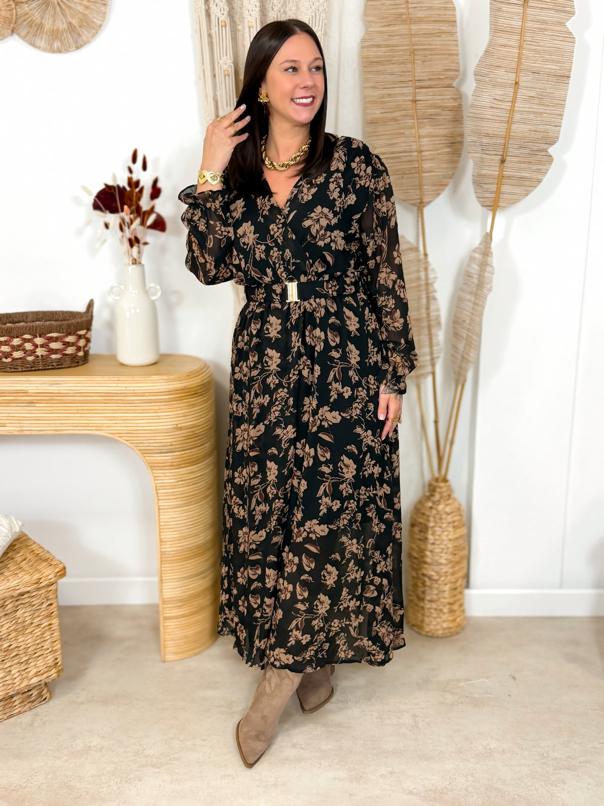 Robe Longue - Sylvia - Noir & Taupe Fleurie