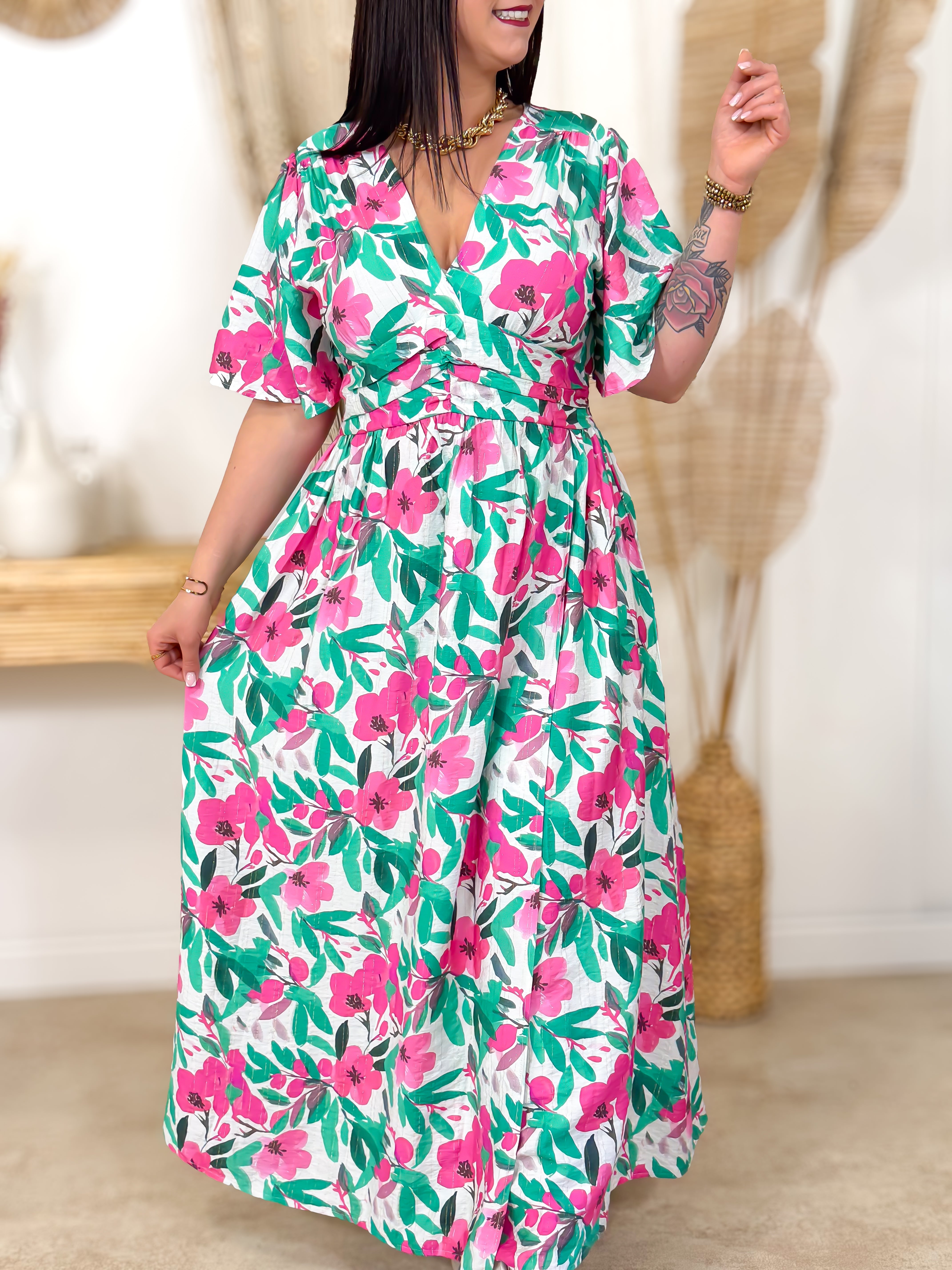 Robe Longue - Chiara - Vert & Fuchsia
