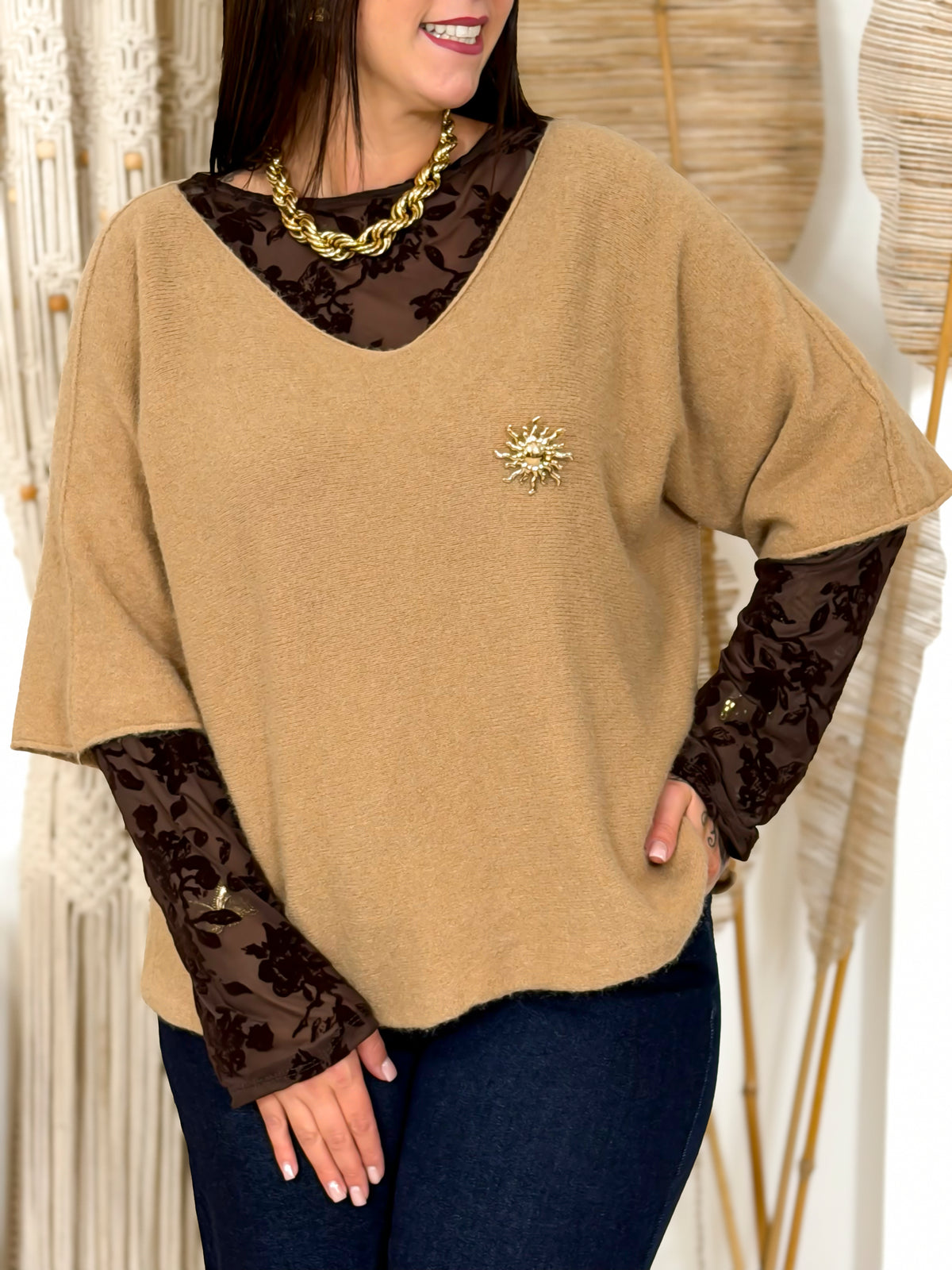 Pull grande taille camel col V Alma – photo 1