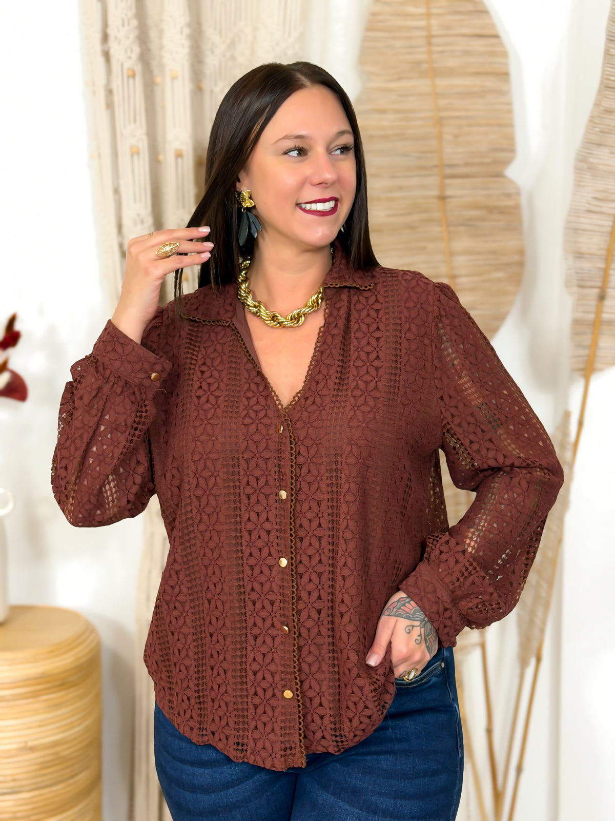 Blouse grande taille dentelle chocolat – photo 4