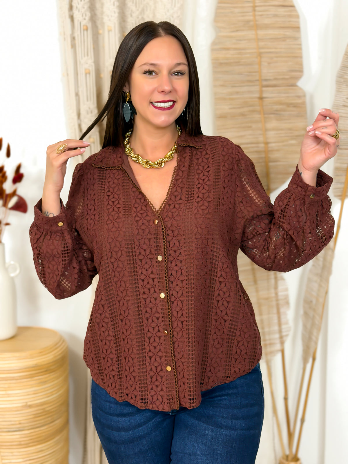 Blouse grande taille dentelle chocolat – photo 5