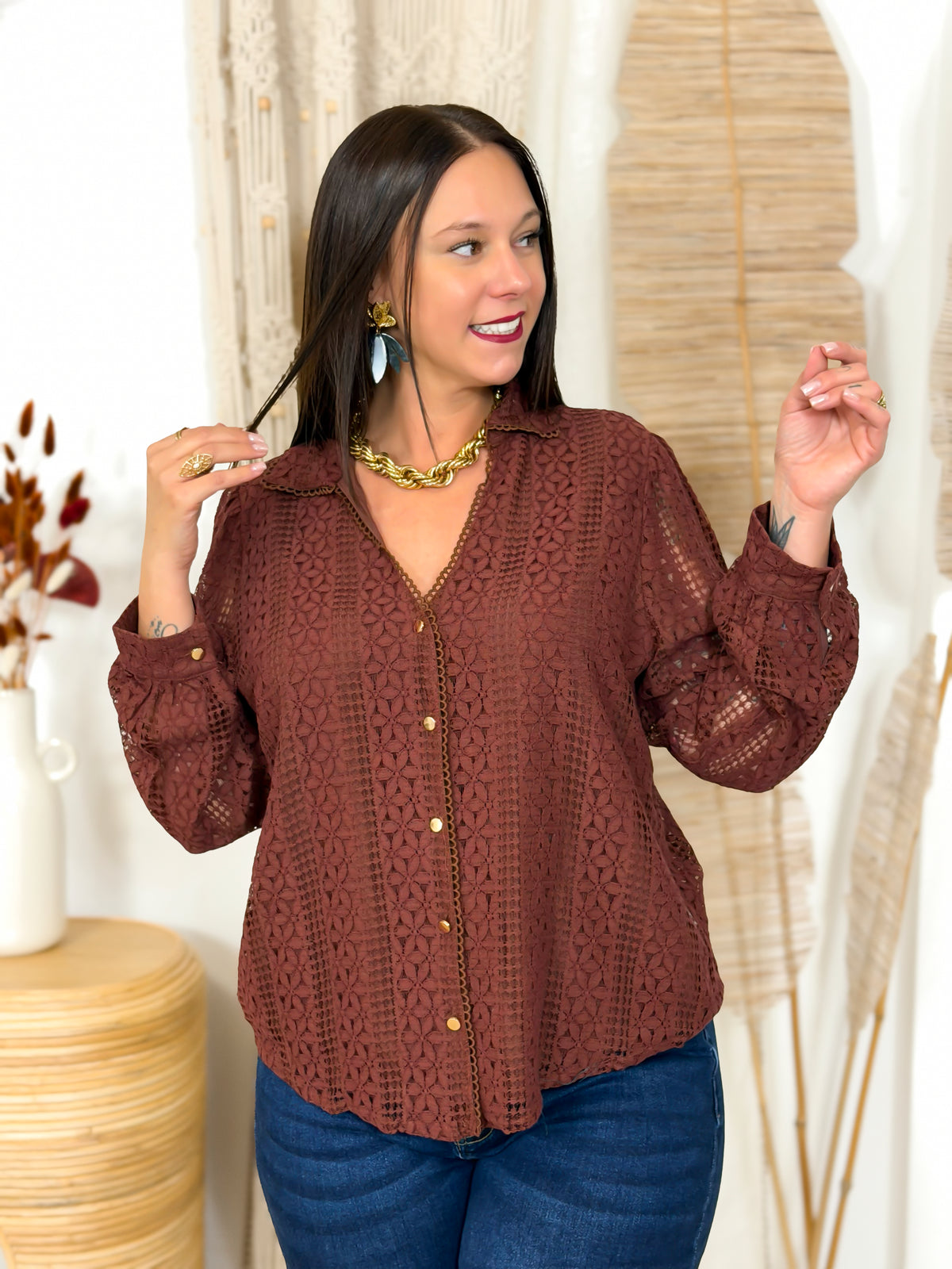 Blouse grande taille dentelle chocolat – photo 6