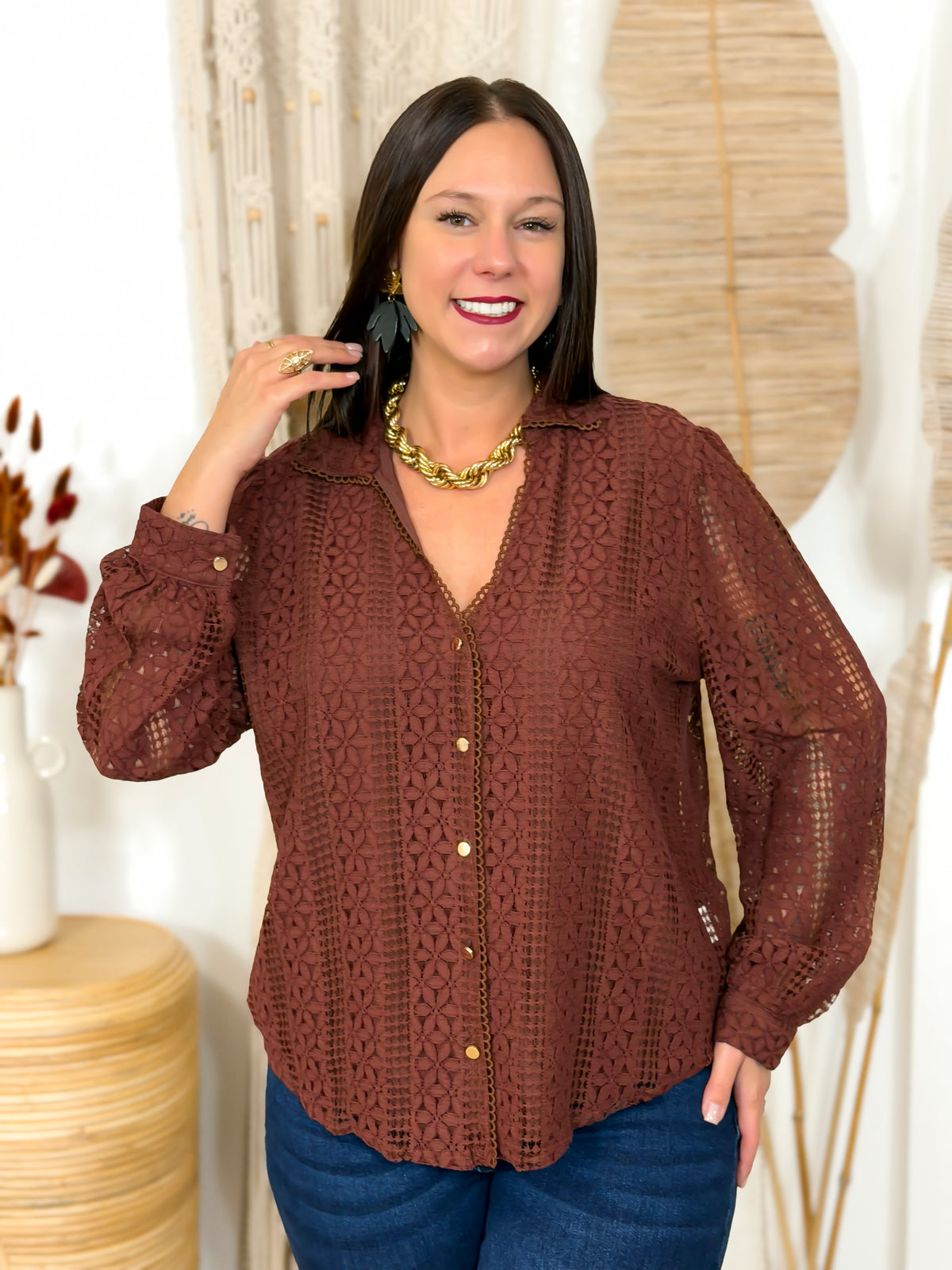 Blouse grande taille dentelle chocolat – photo 7