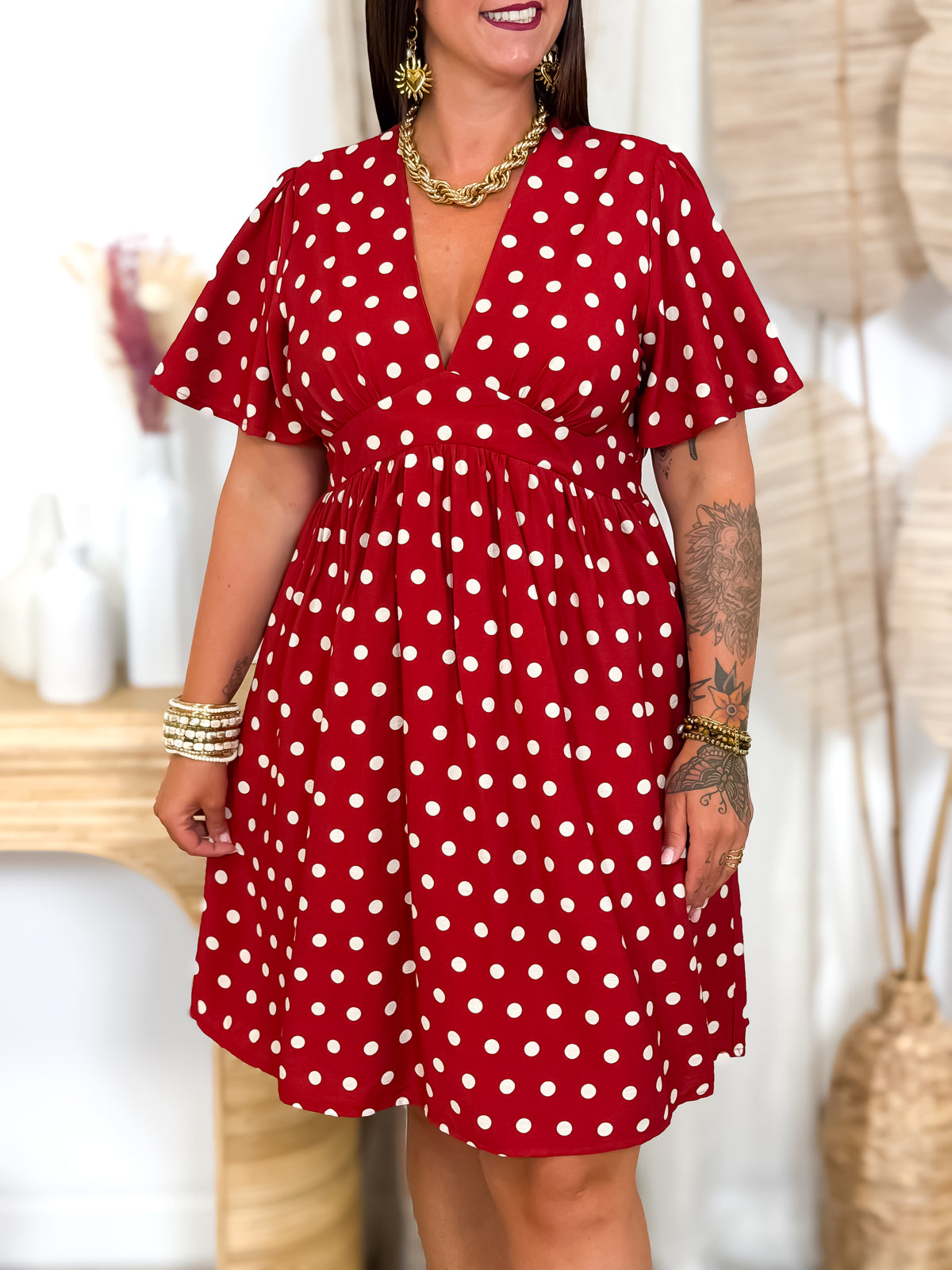 Robe courte à pois grande taille rouge écru Celeste – photo 5