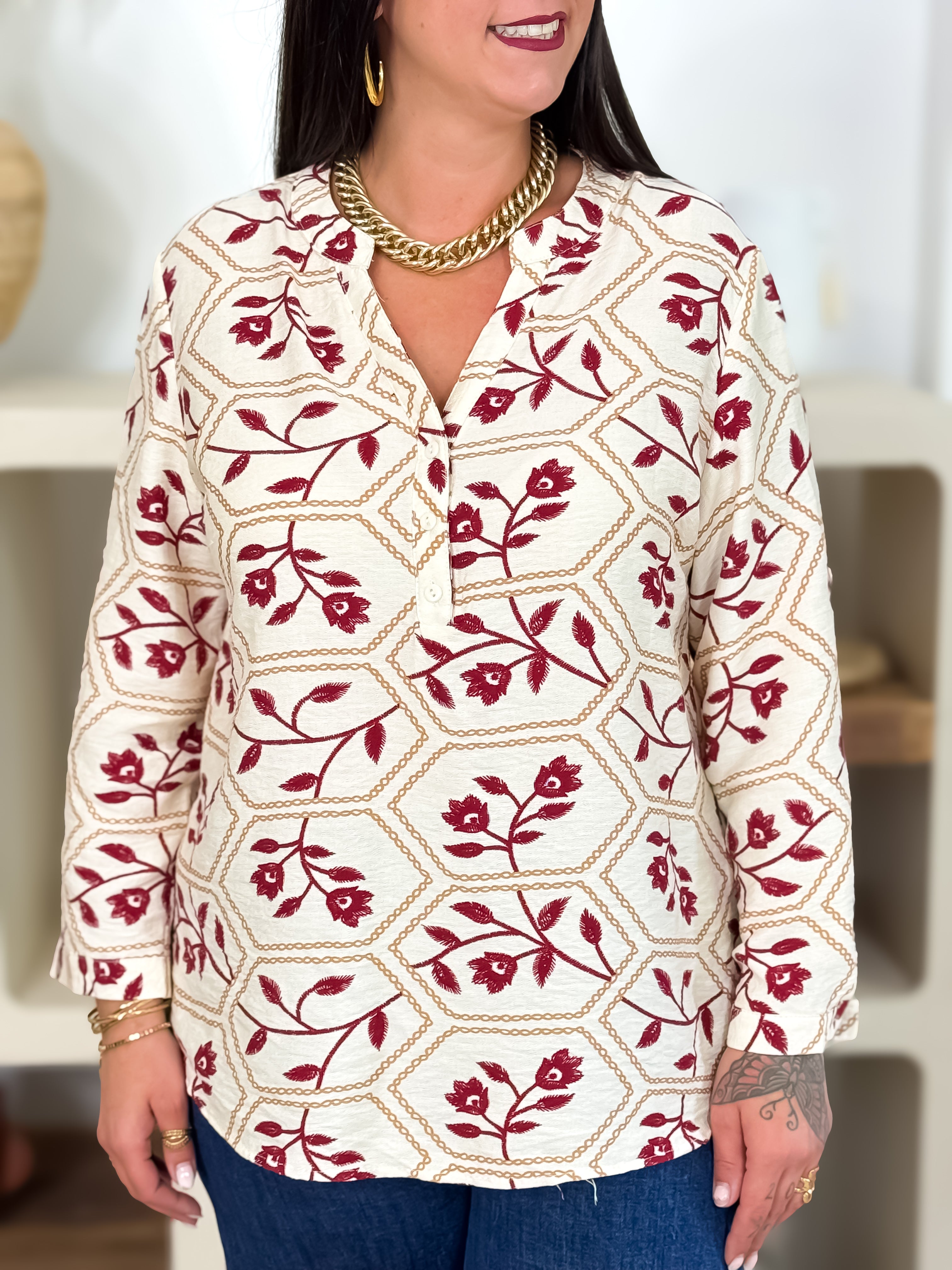 Blouse - Pocahontas - Beige & Bordeaux