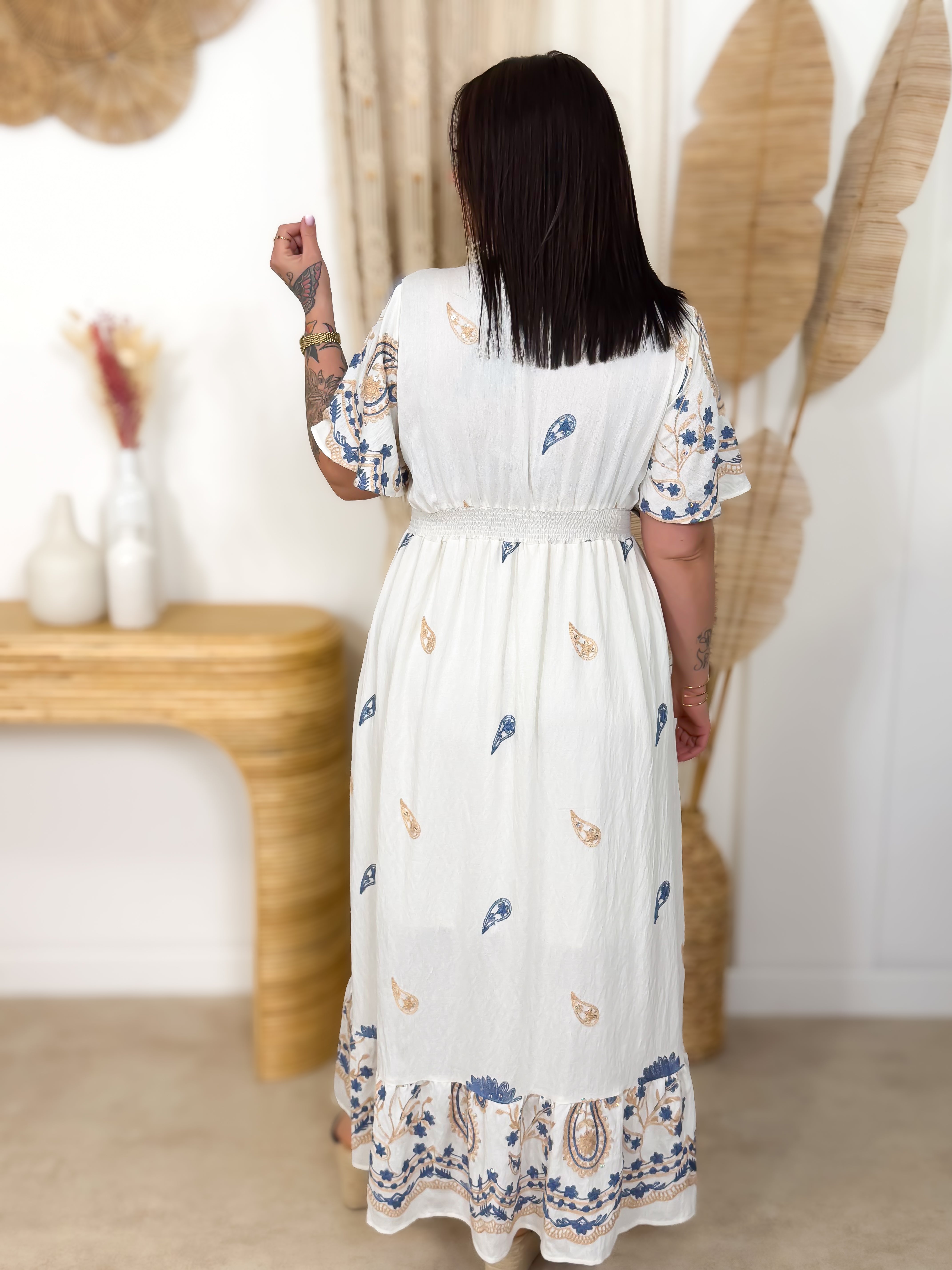 Robe Longue - Tonia - Ecru & Bleu Ciel