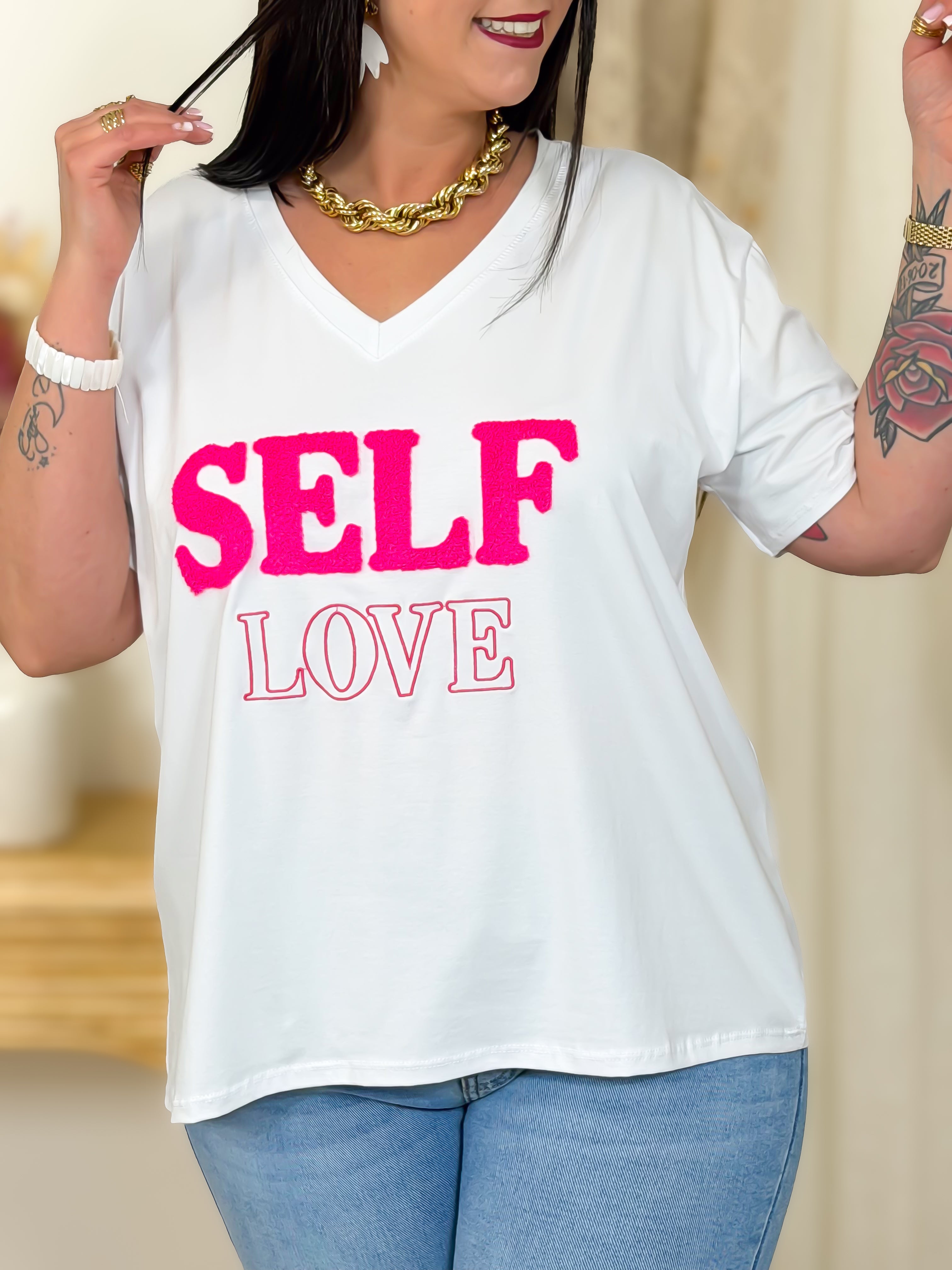 T-shirt - Self Love - Blanc & Fuchsia