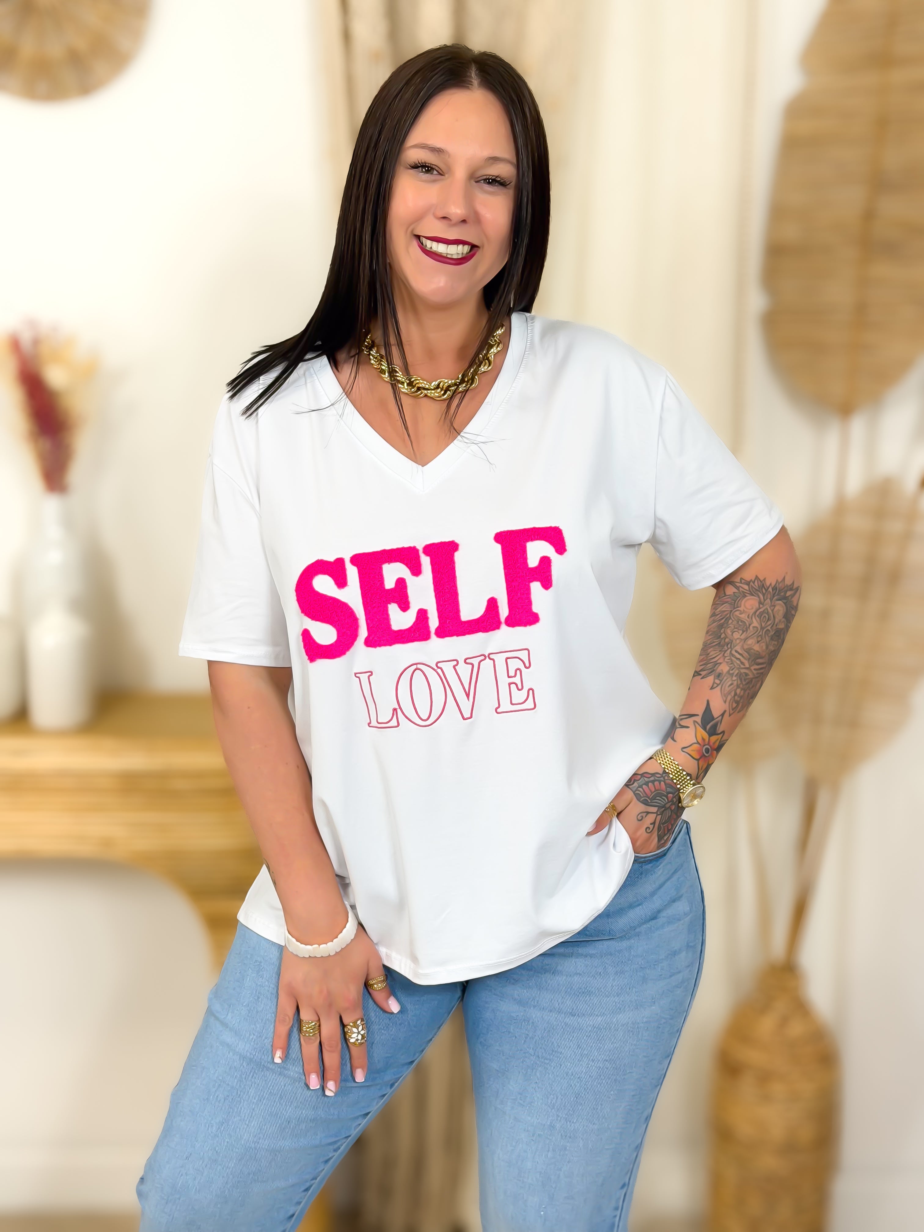 T-shirt - Self Love - Blanc & Fuchsia