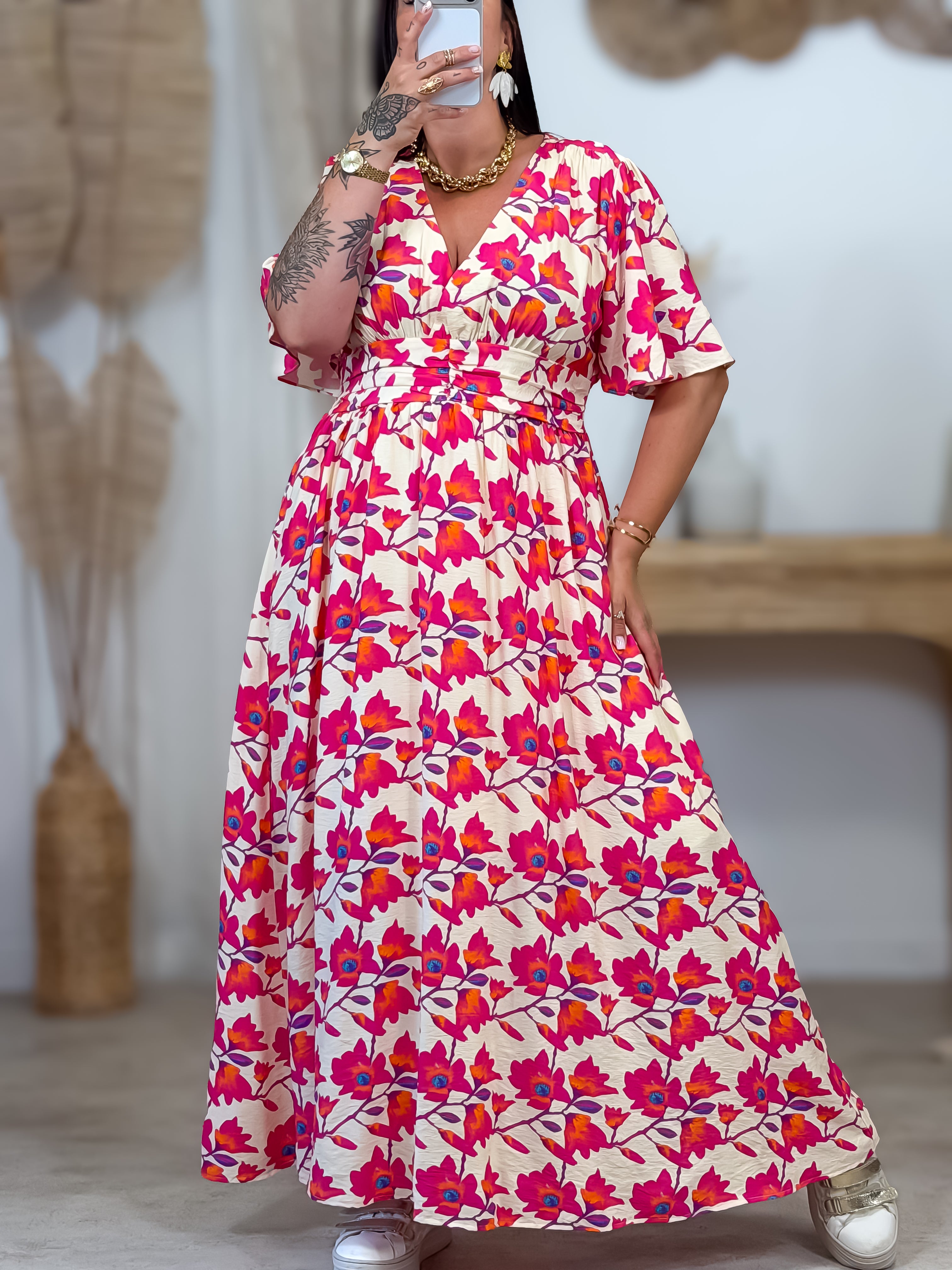 Robe Longue - Julie - Beige & Fuchsia
