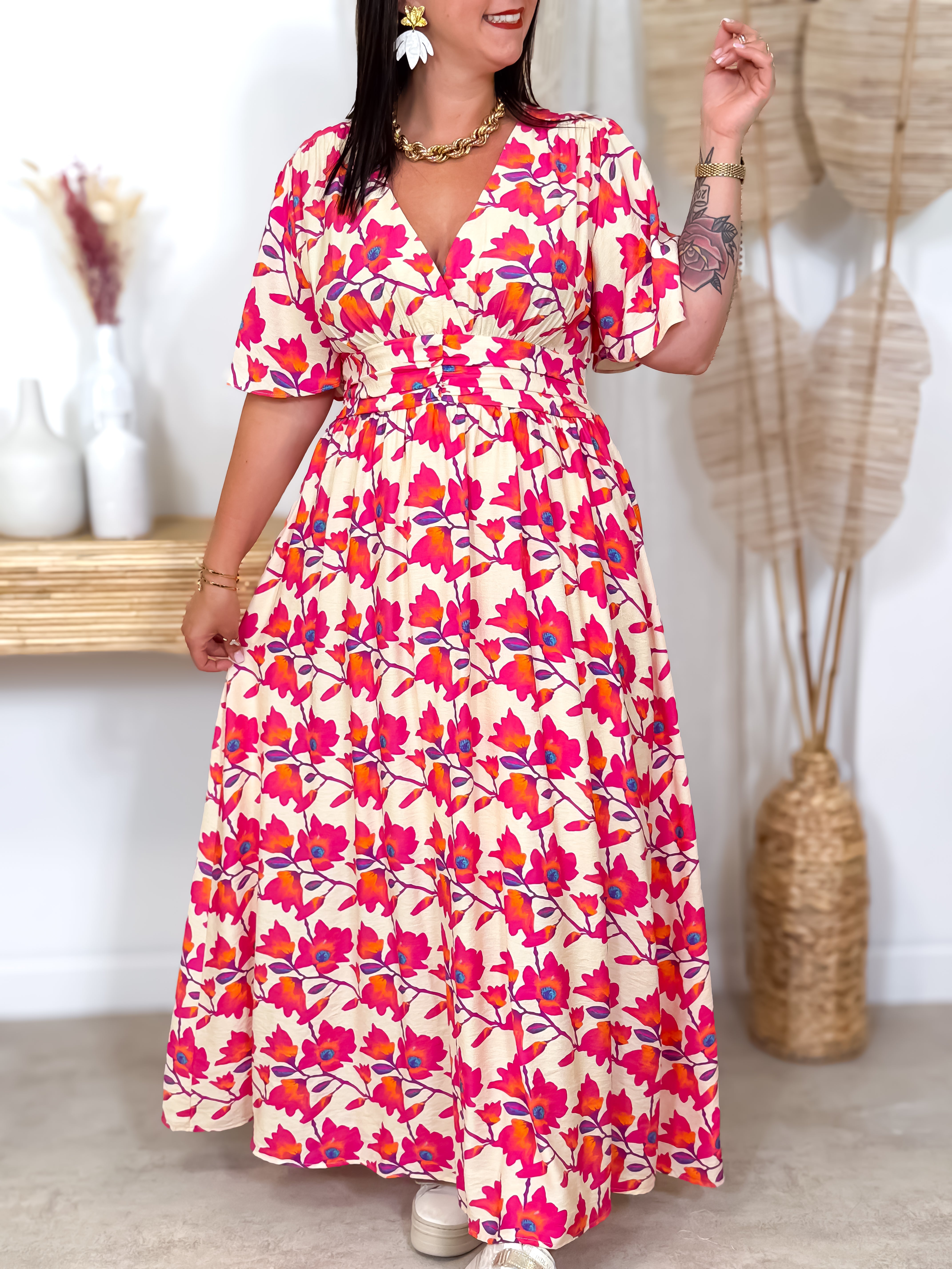 Robe Longue - Julie - Beige & Fuchsia