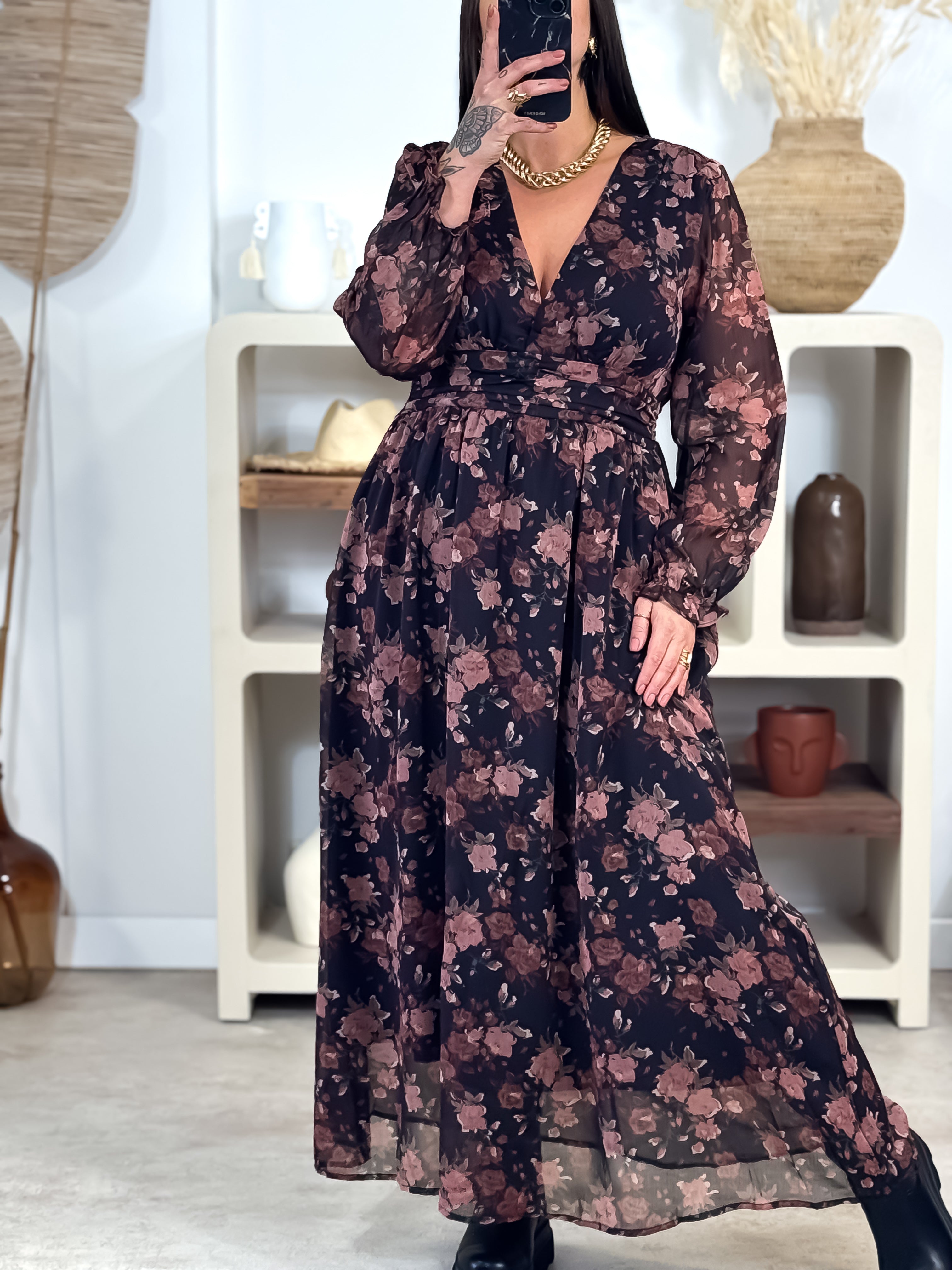 Robe Longue - Claudine - Noir & Rose