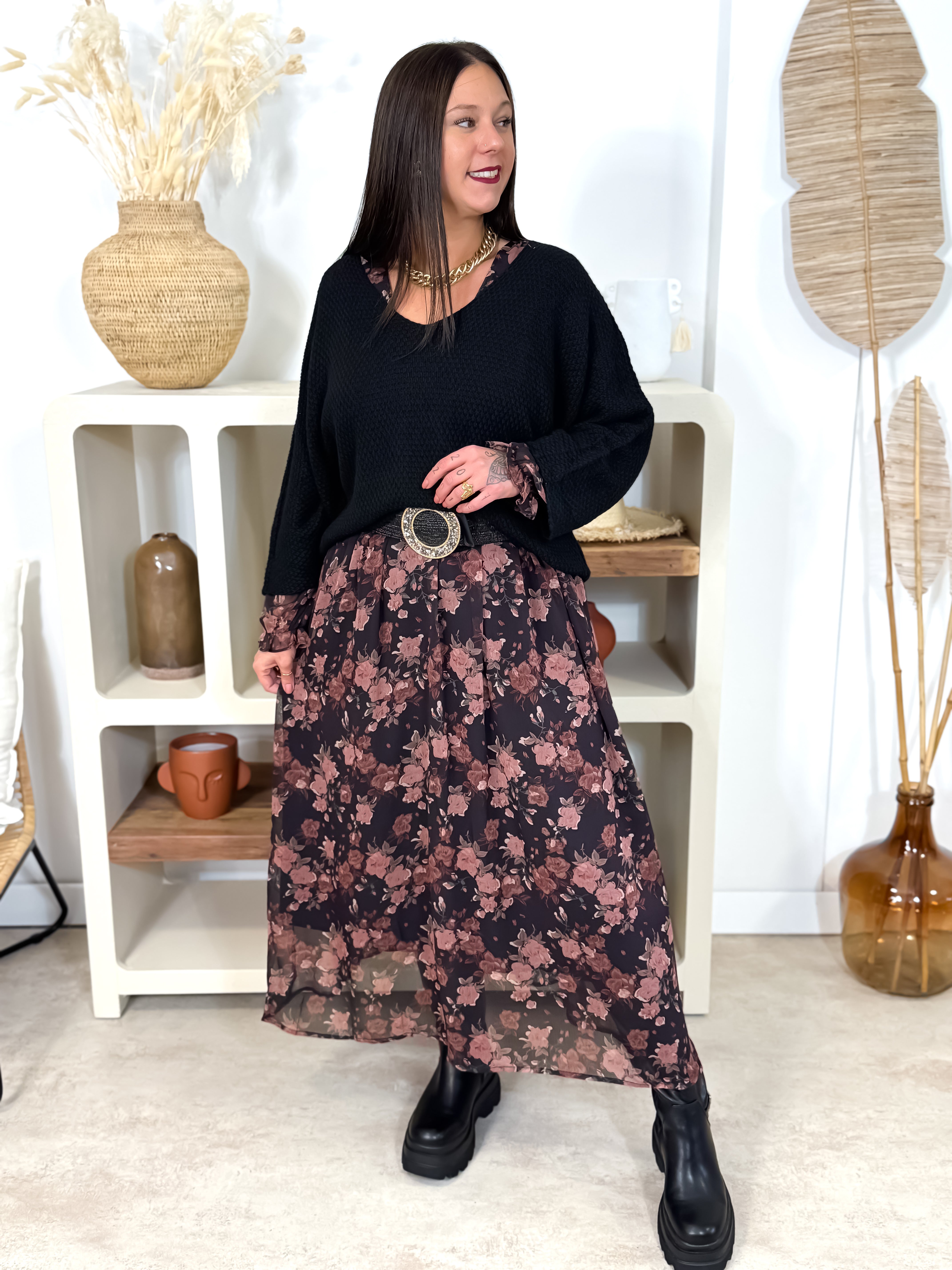 Robe Longue - Claudine - Noir & Rose